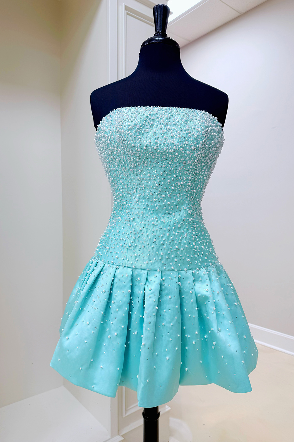 Strapless Mint A Line Short Homecoming Dress with Pearls