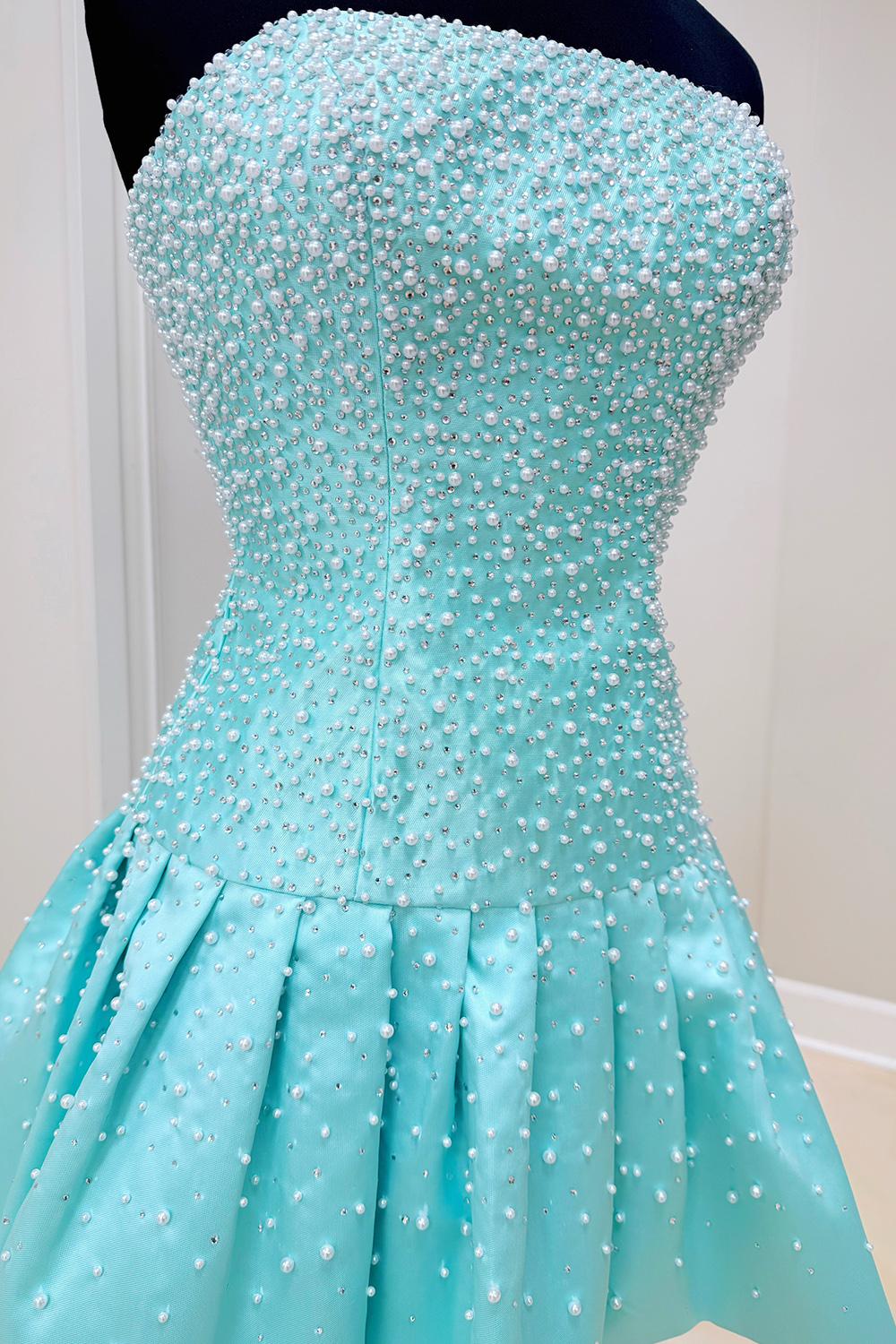 Strapless Mint A Line Short Homecoming Dress with Pearls