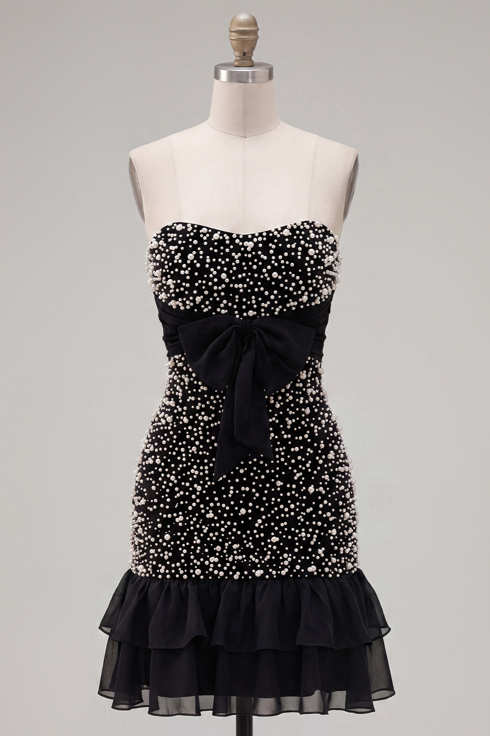 Sparkly Black Ruffled Beaded Tight Short Homecoming Dress with Bow
