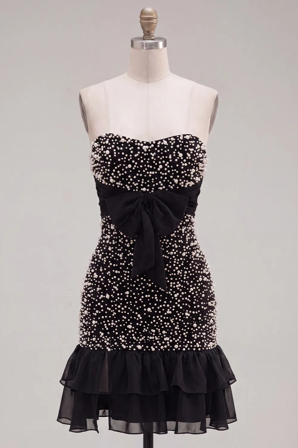 Pink Tight Short Strapless Ruffled Homecoming Dress with Pearls