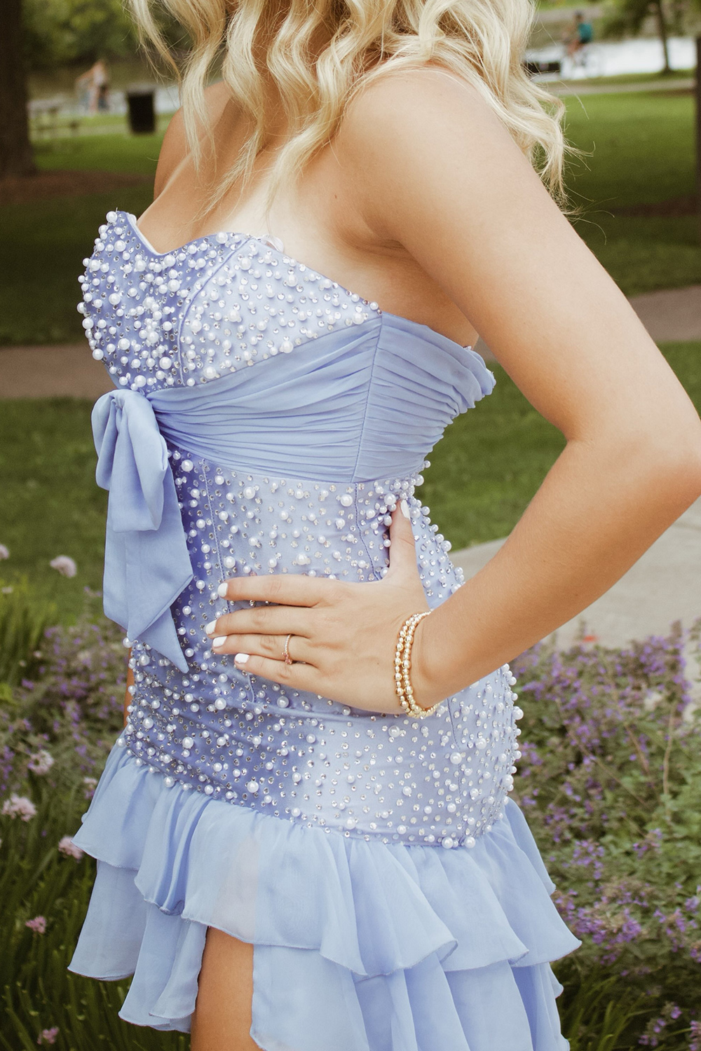 Pink Tight Short Strapless Ruffled Homecoming Dress with Pearls