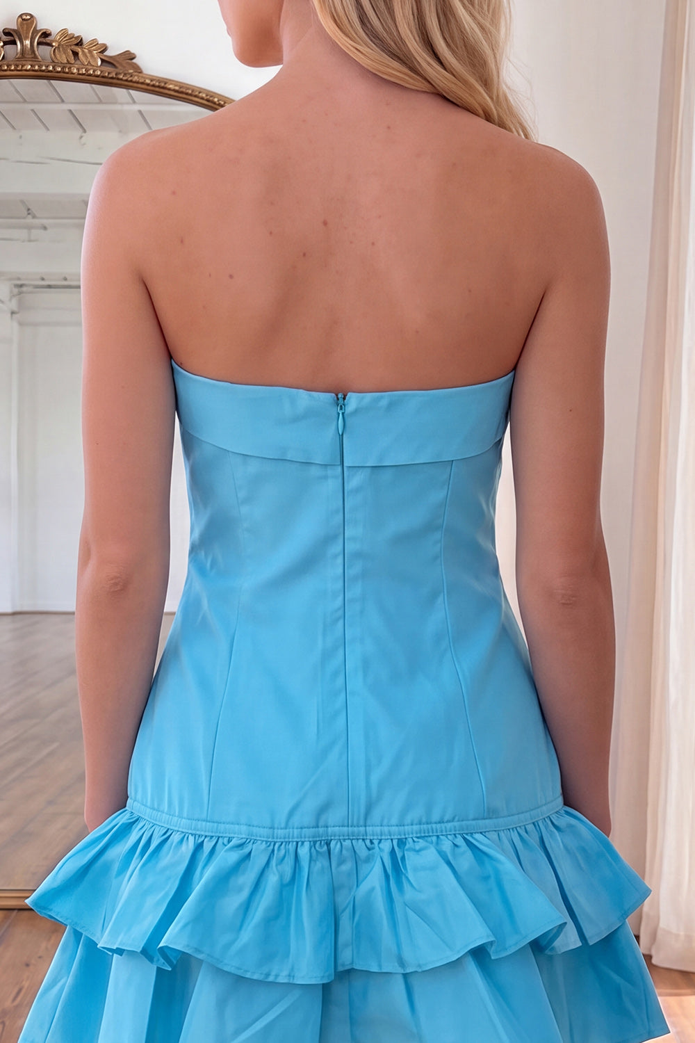 Short Blue Strapless A Line Homecoming Dress with Ruffles