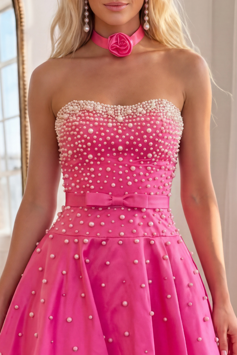 Strapless Fuchsia Short A Line Homecoming Dress with Pearls