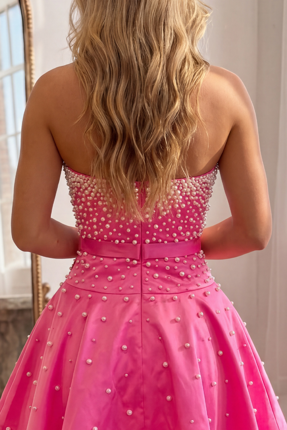 Strapless Fuchsia Short A Line Homecoming Dress with Pearls