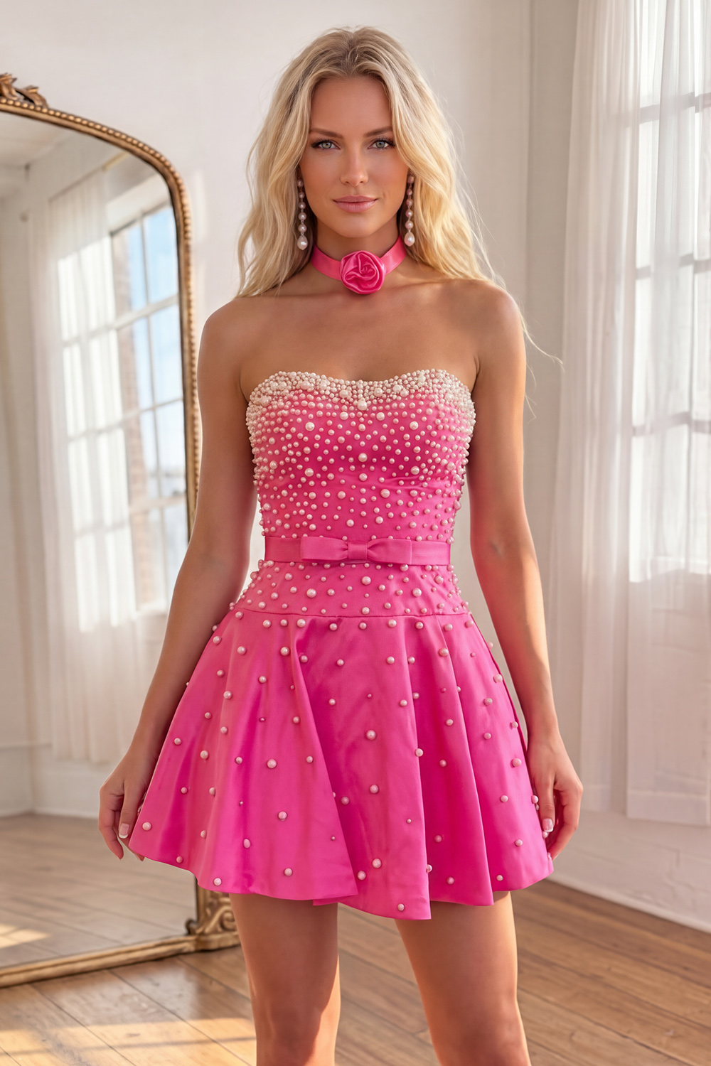 Strapless Fuchsia Short A Line Homecoming Dress with Pearls