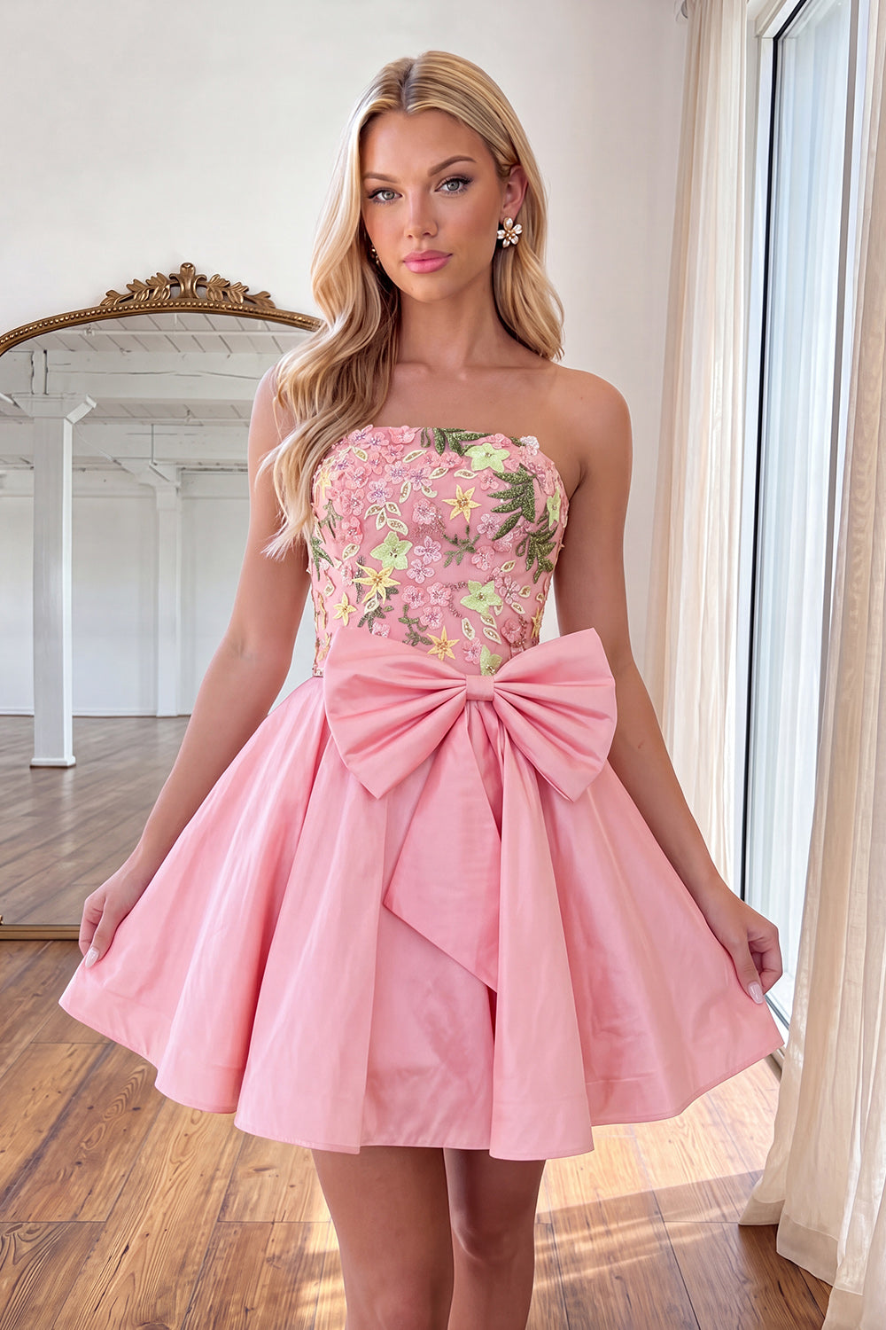 Floral Light Pink Short Strapless Homecoming Dress with Bow