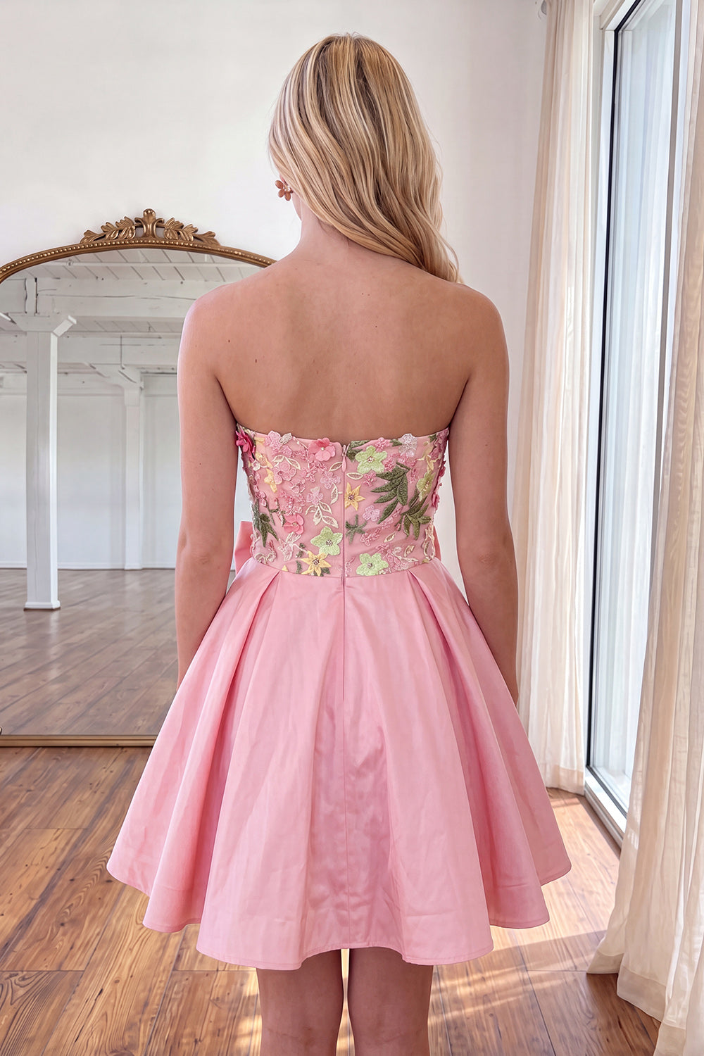 Floral Light Pink Short Strapless Homecoming Dress with Bow