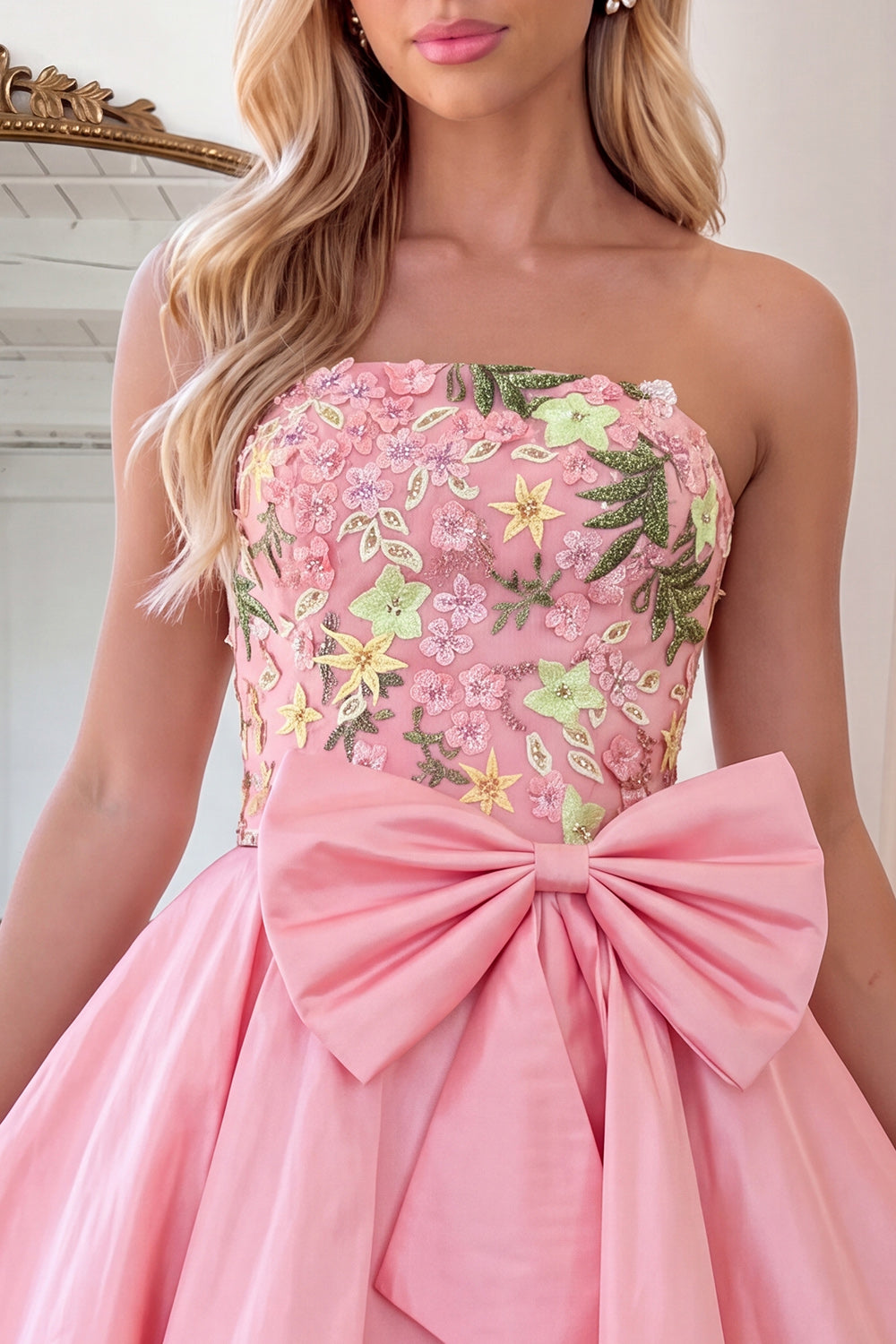 Floral Light Pink Short Strapless Homecoming Dress with Bow