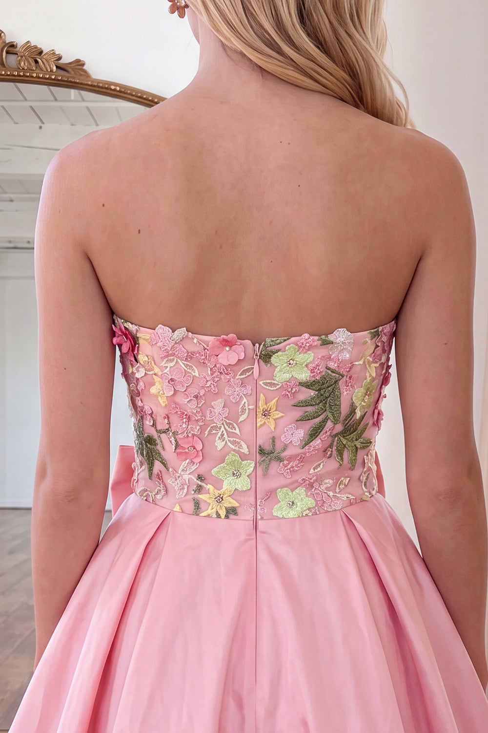 Floral Light Pink Short Strapless Homecoming Dress with Bow