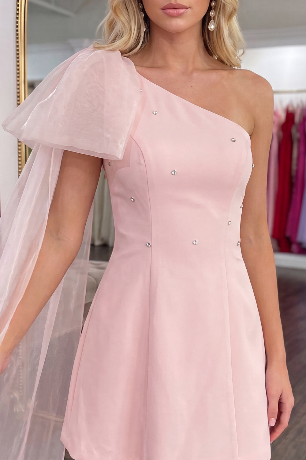 Pink One Shoulder A Line Short Beaded Homecoming Dress with Side Cape