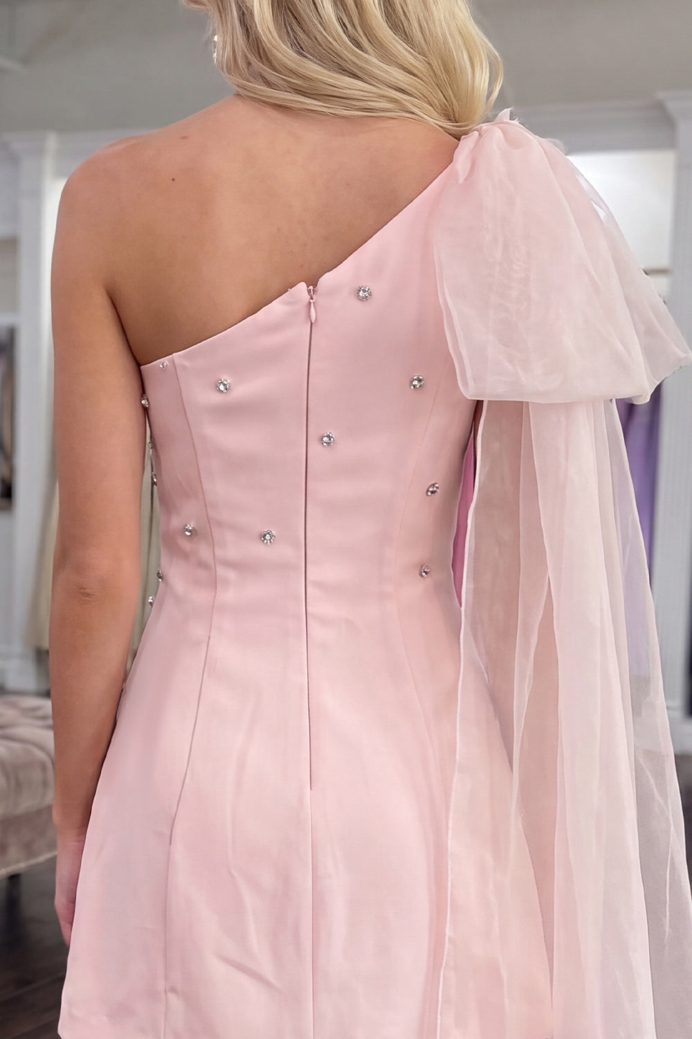 Pink One Shoulder A Line Short Beaded Homecoming Dress with Side Cape