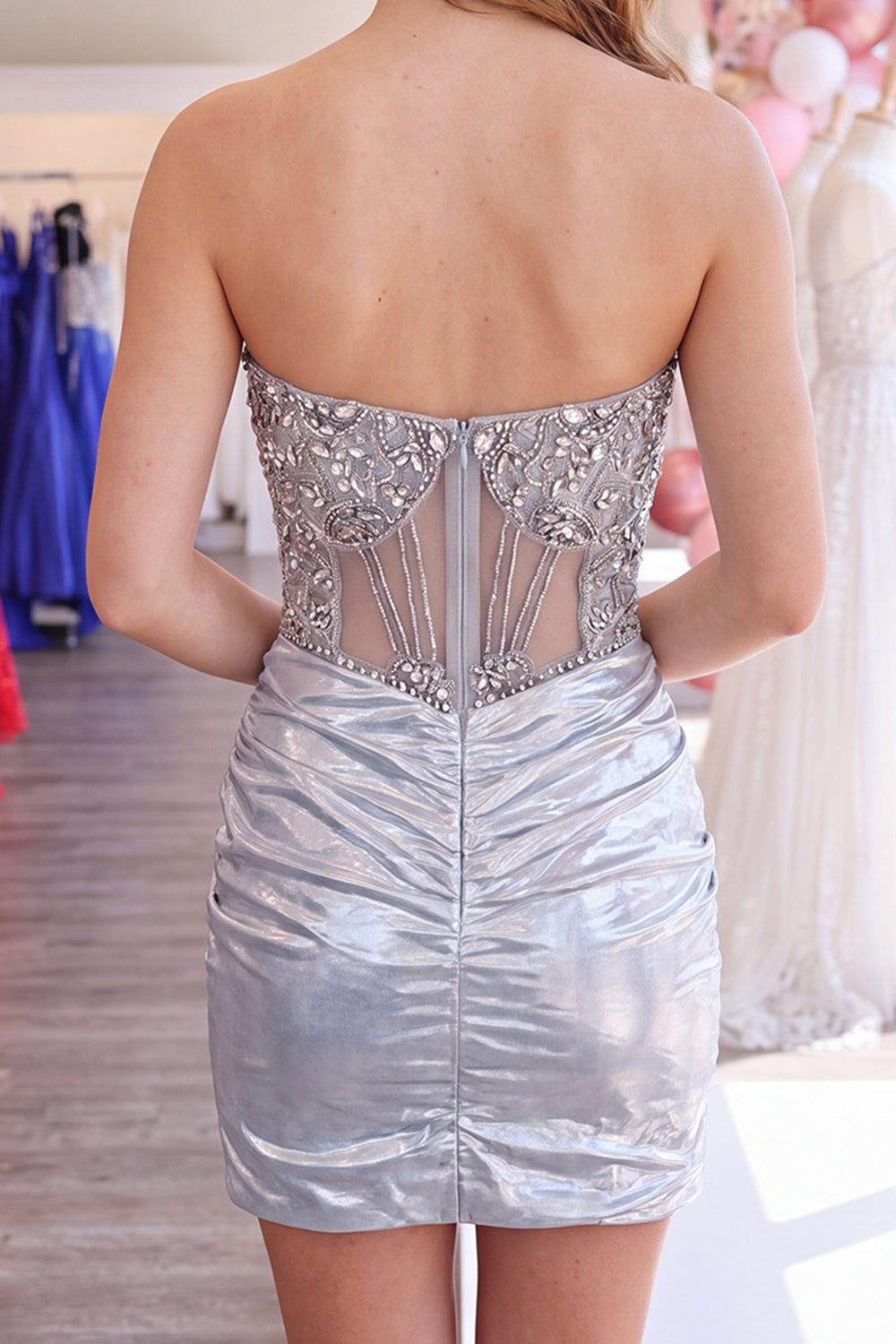 Sparkly Silver Corset Beaded Tight Short Ruched Homecoming Dress
