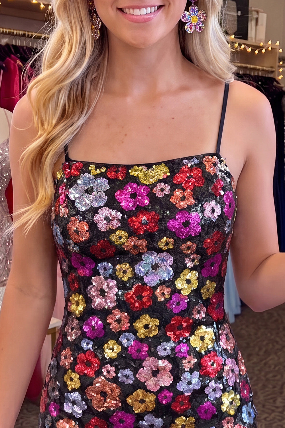 Sparkly Black Flowers Sequin Tight Short Homecoming Dress