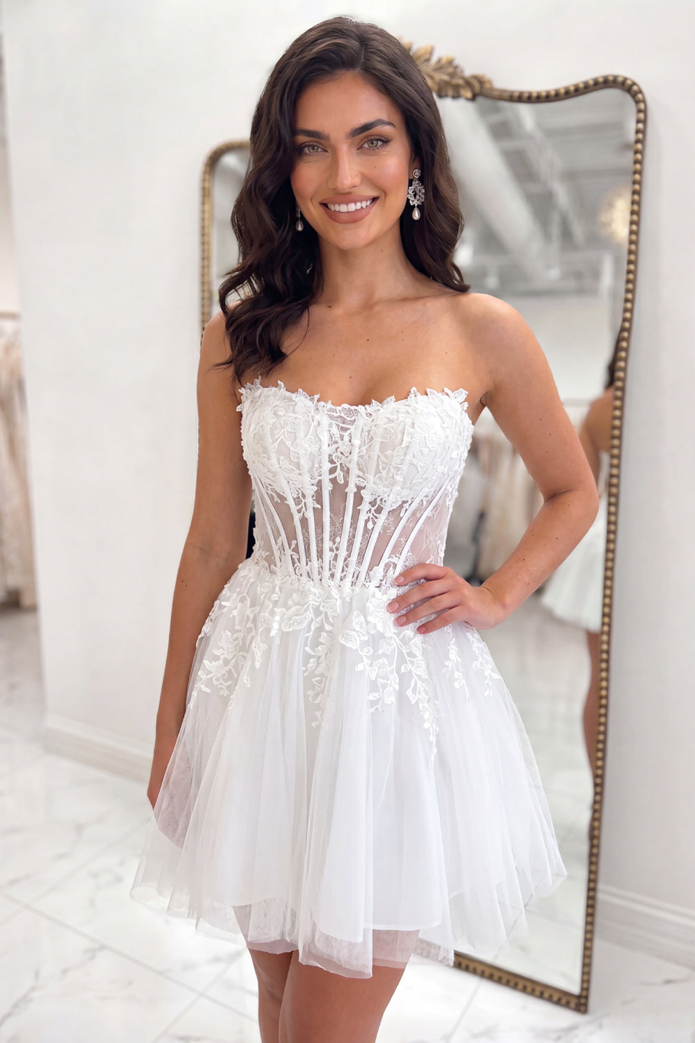 White A Line Short Corset Floral Strapless Homecoming Dress