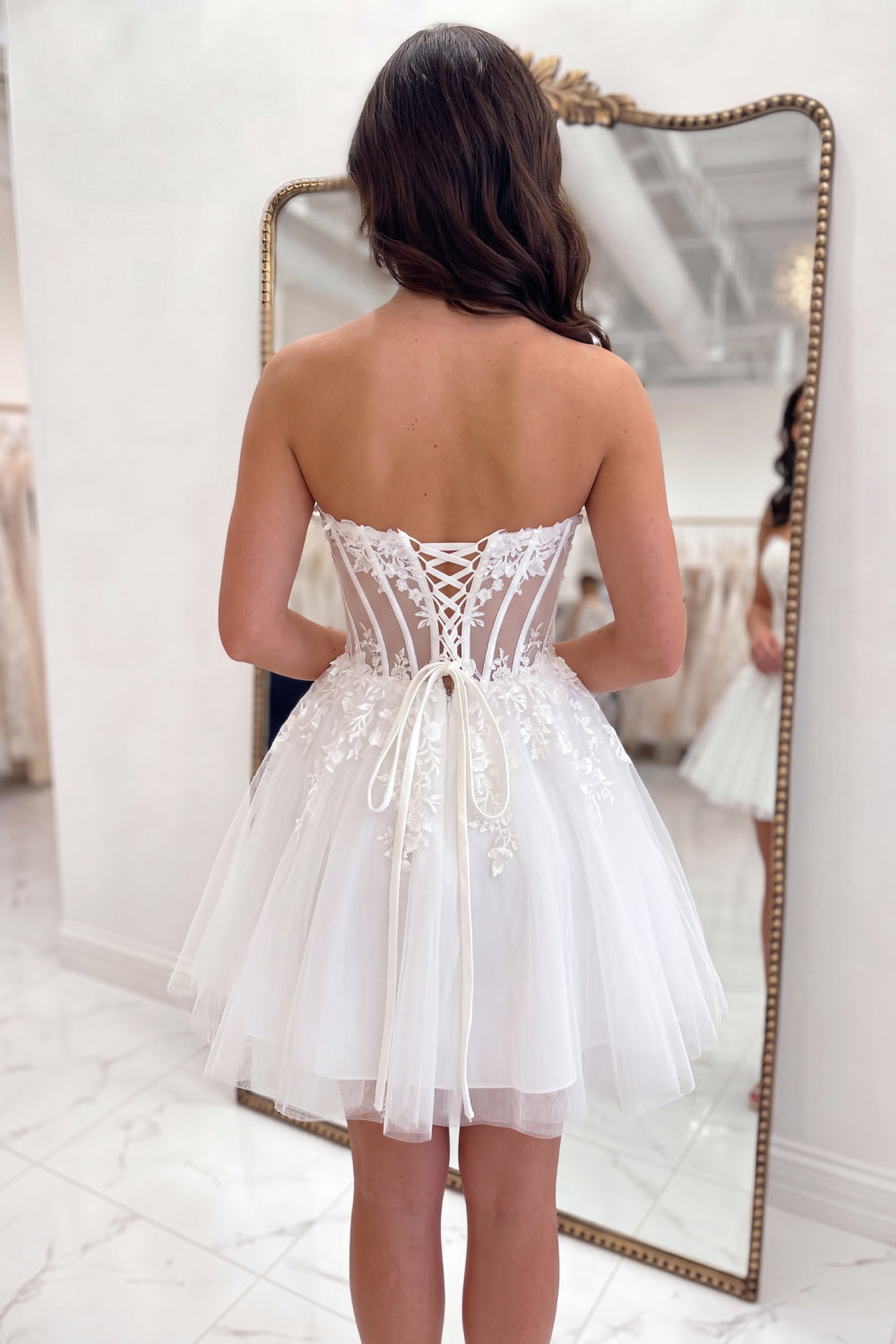 White A Line Short Corset Floral Strapless Homecoming Dress