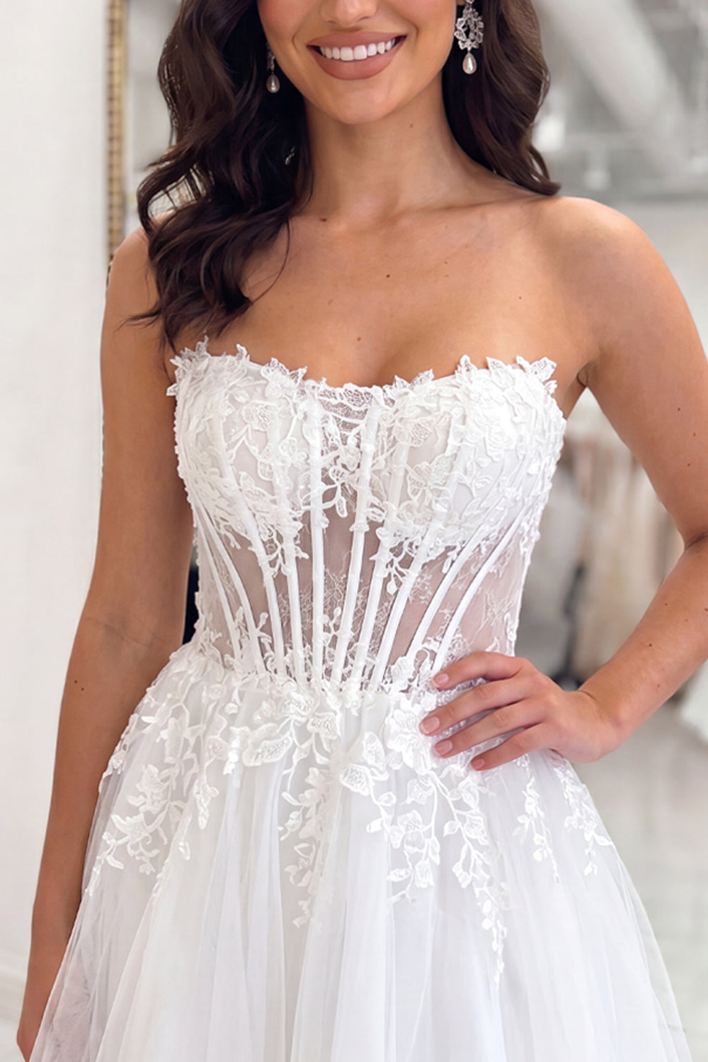 White A Line Short Corset Floral Strapless Homecoming Dress