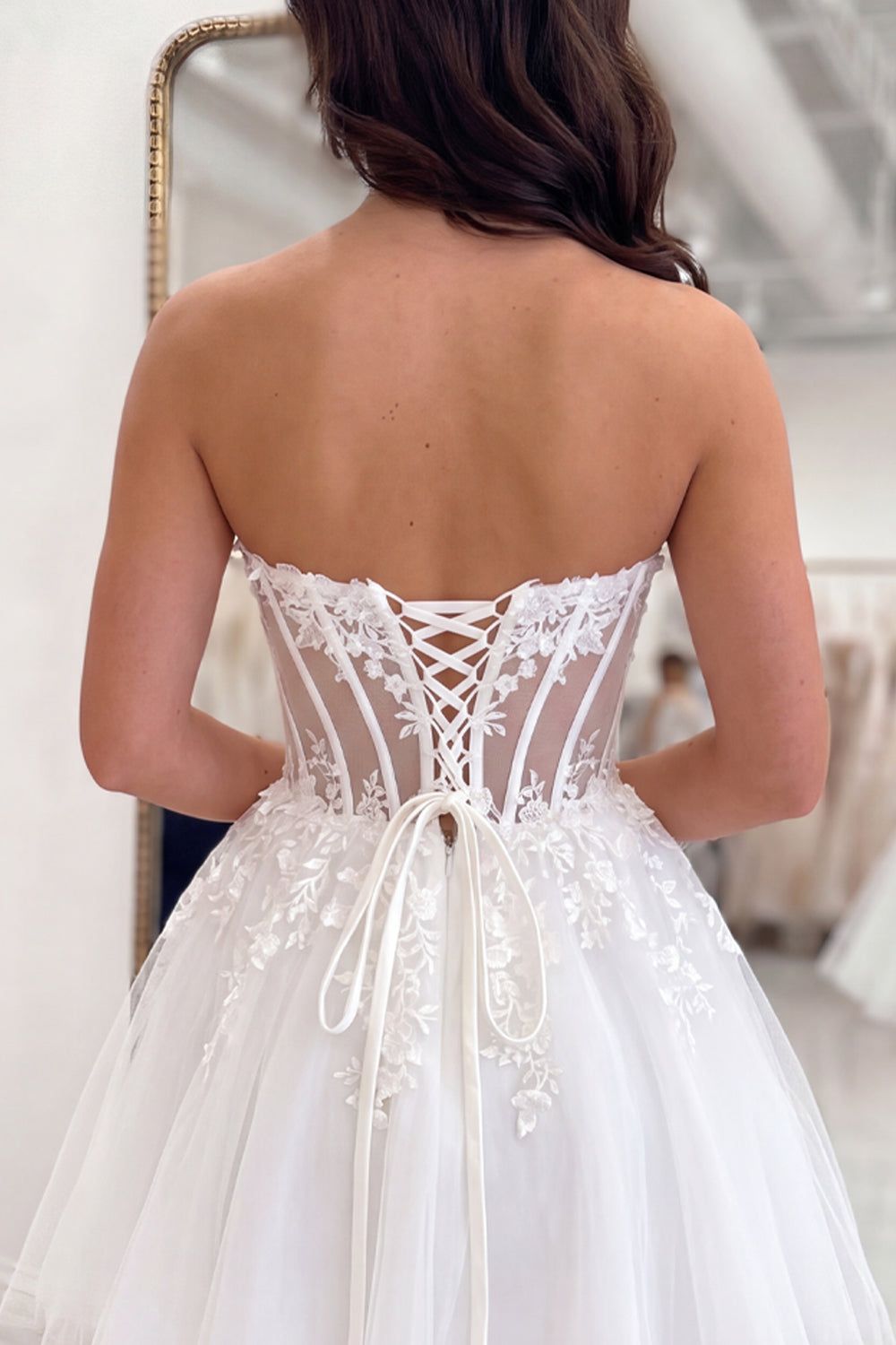 White A Line Short Corset Floral Strapless Homecoming Dress