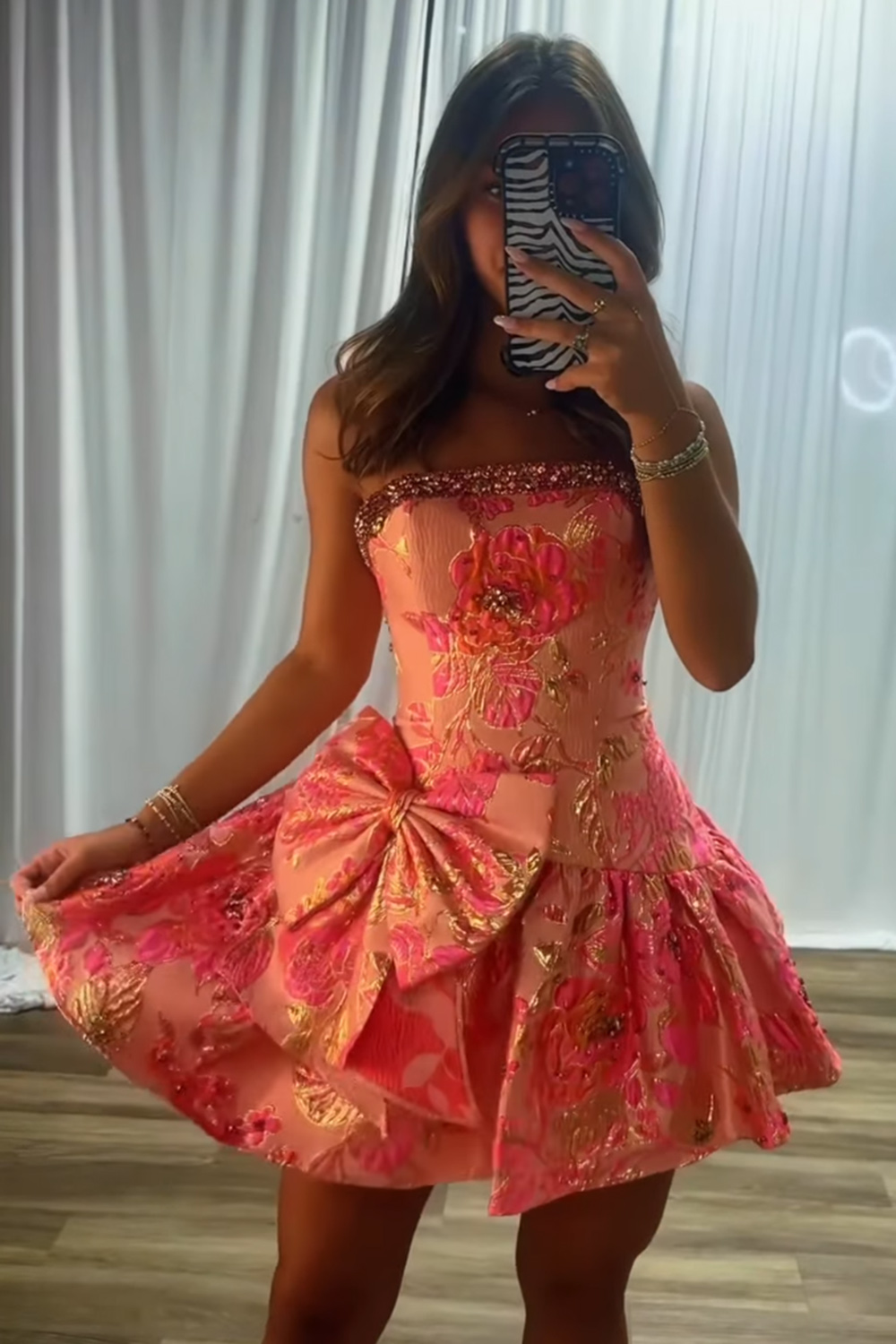 Blue Flower A Line Strapless Beaded Short Homecoming Dress with Bow