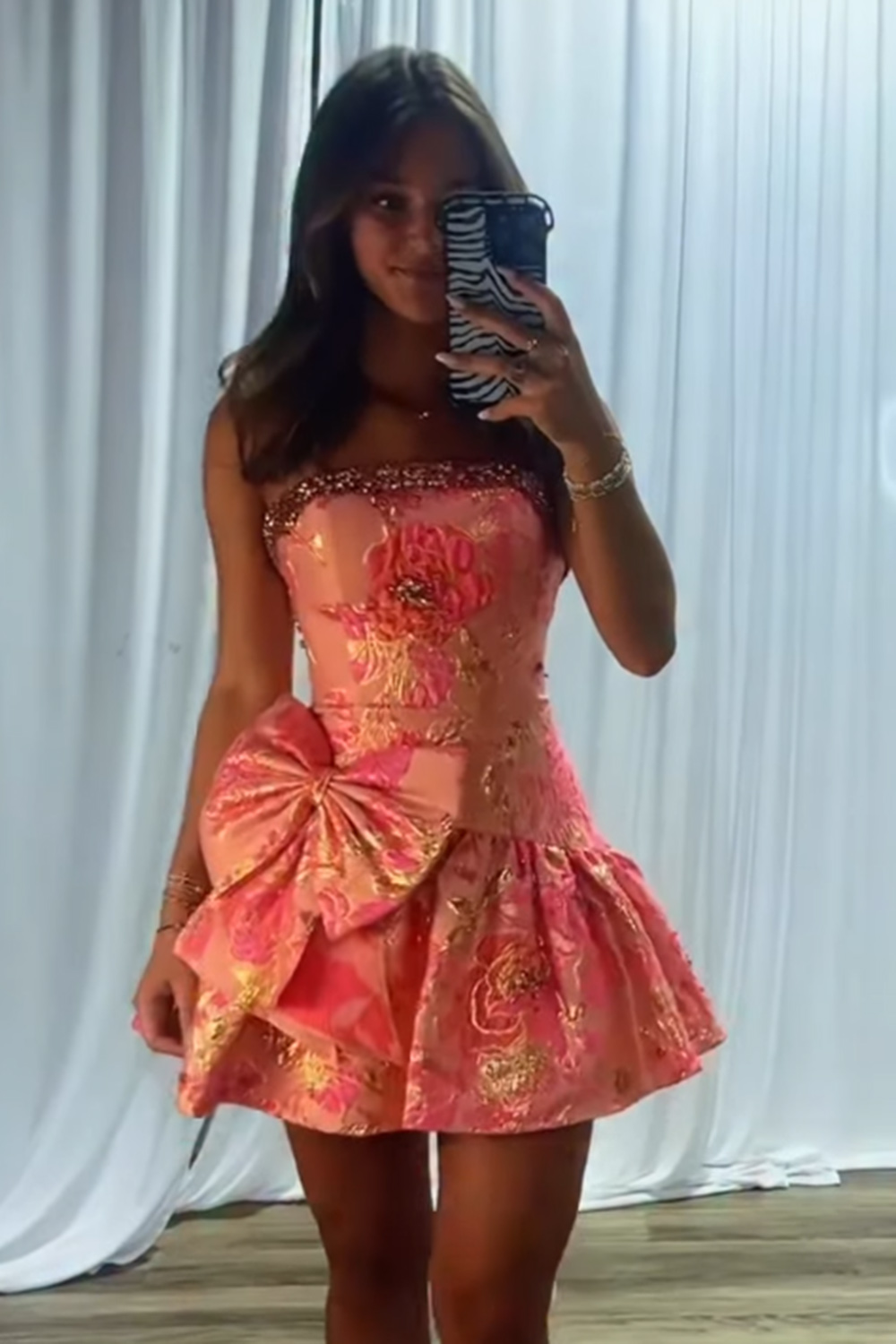 Blue Flower A Line Strapless Beaded Short Homecoming Dress with Bow