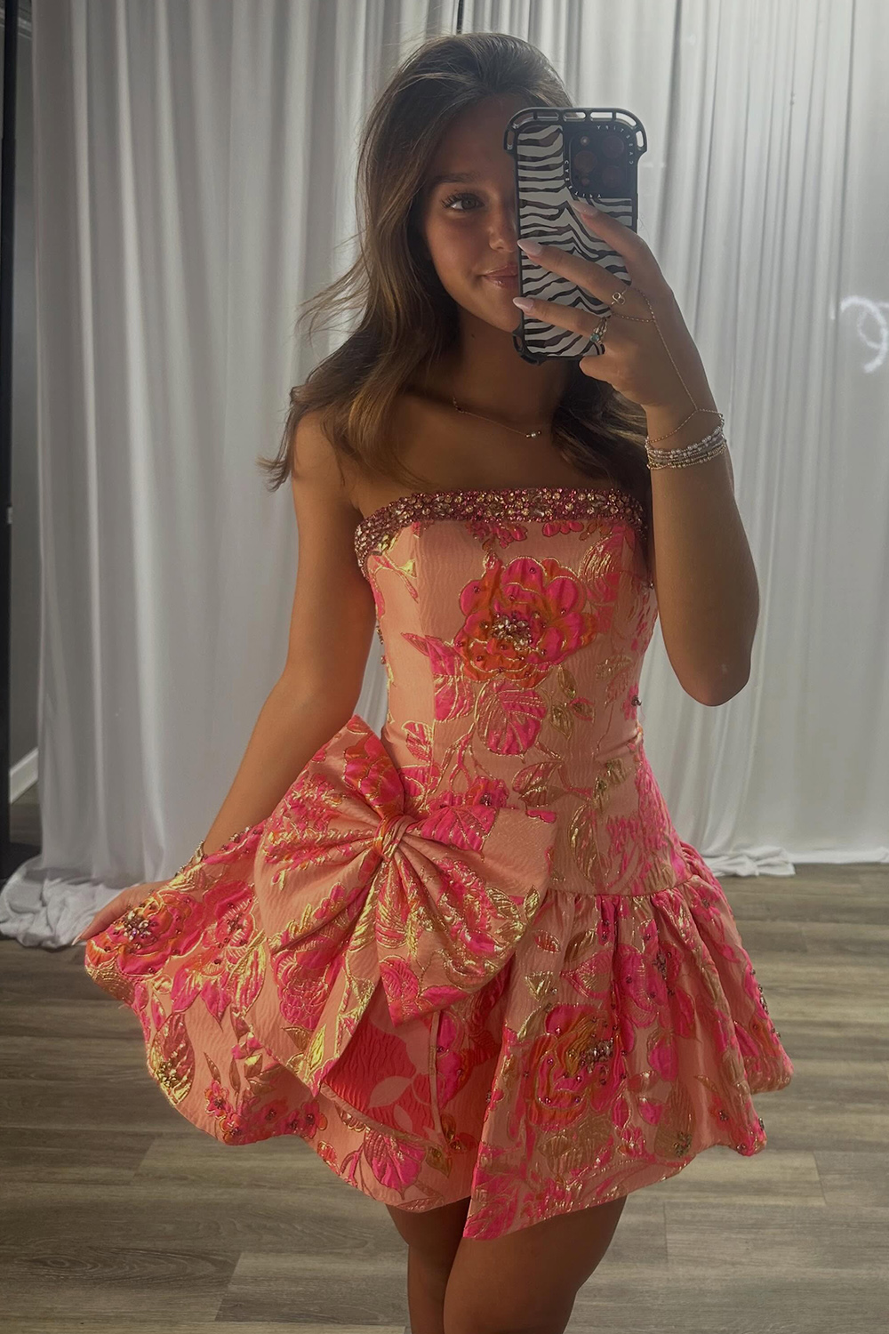 Blue Flower A Line Strapless Beaded Short Homecoming Dress with Bow