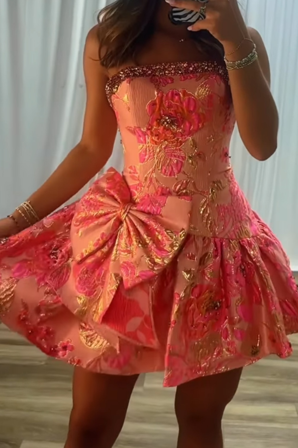 Blue Flower A Line Strapless Beaded Short Homecoming Dress with Bow