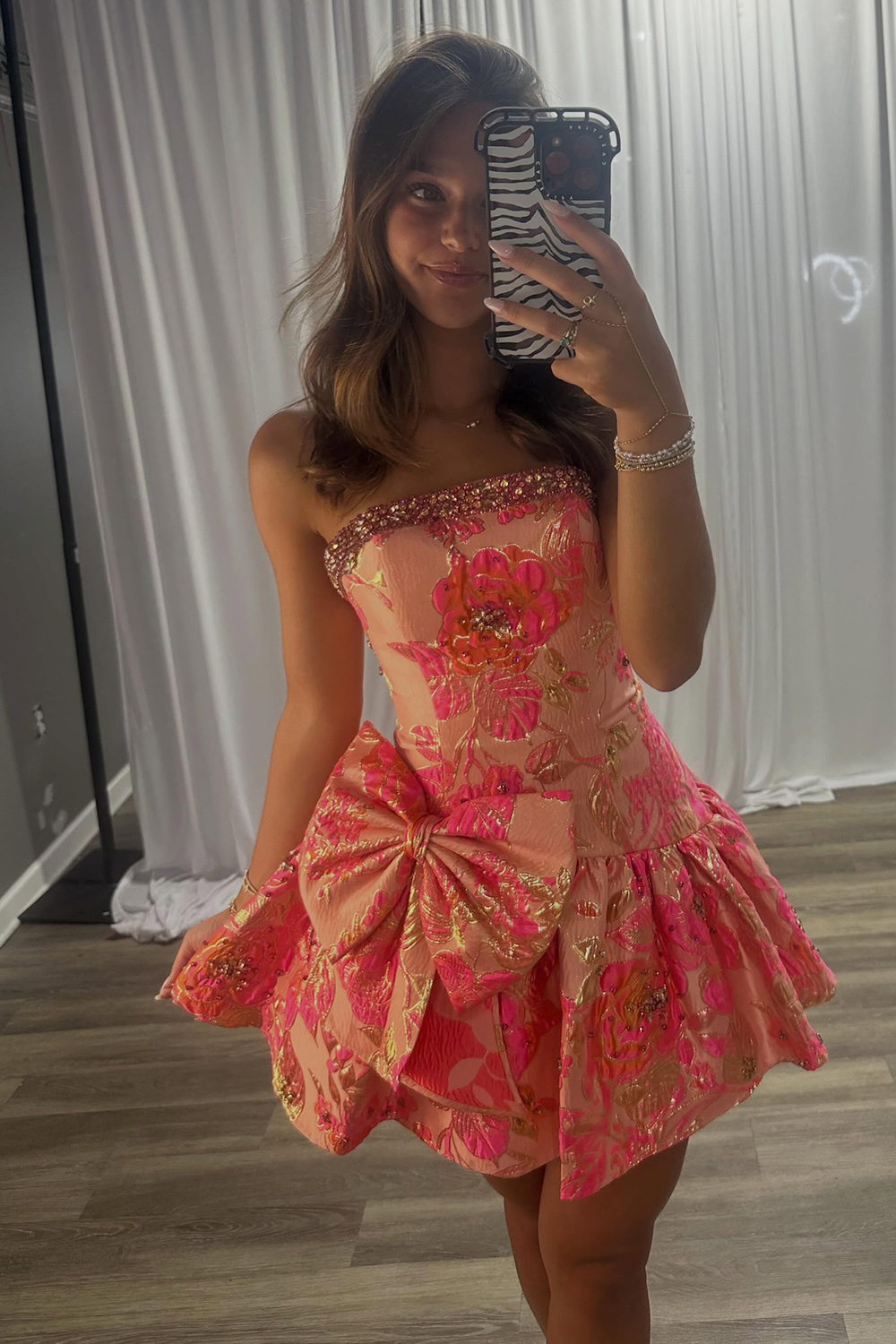 Blue Flower A Line Strapless Beaded Short Homecoming Dress with Bow