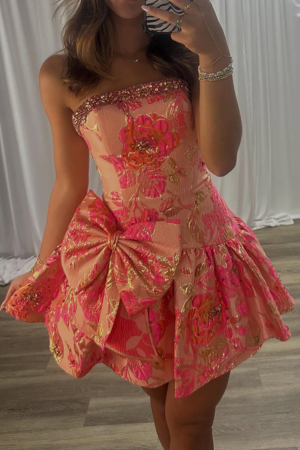 Blue Flower A Line Strapless Beaded Short Homecoming Dress with Bow