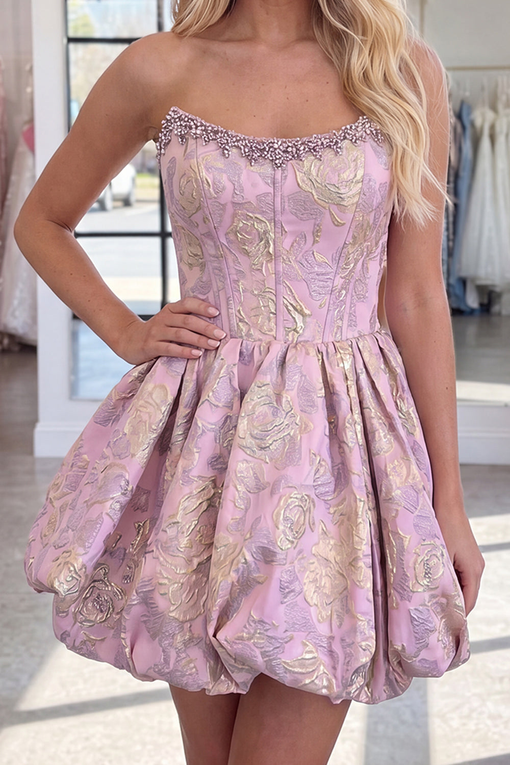 Blush Strapless A Line Short Floral Corset Homecoming Dress with Beading