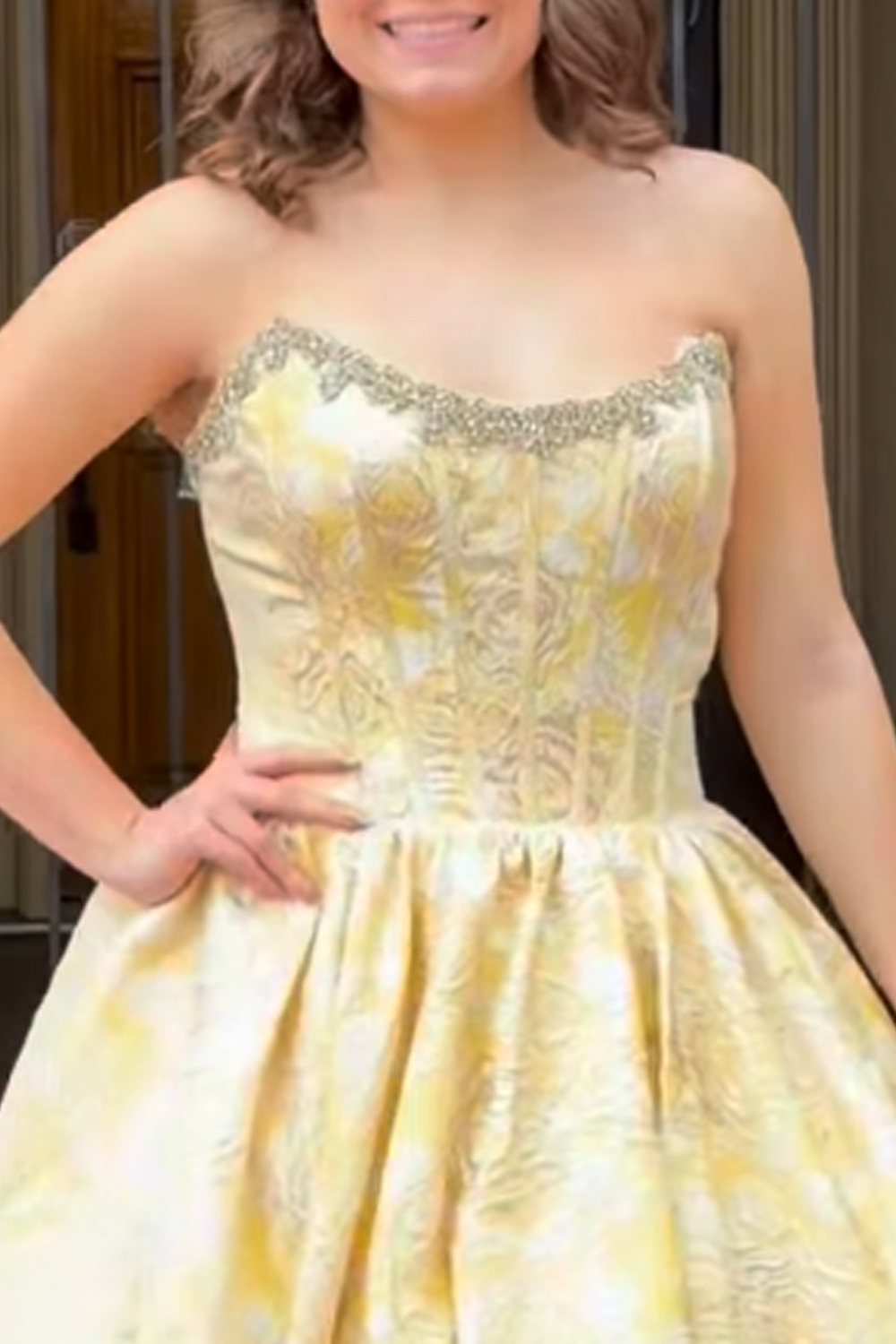 Yellow Sparkly Corset Beaded Floral Short Homecoming Dress