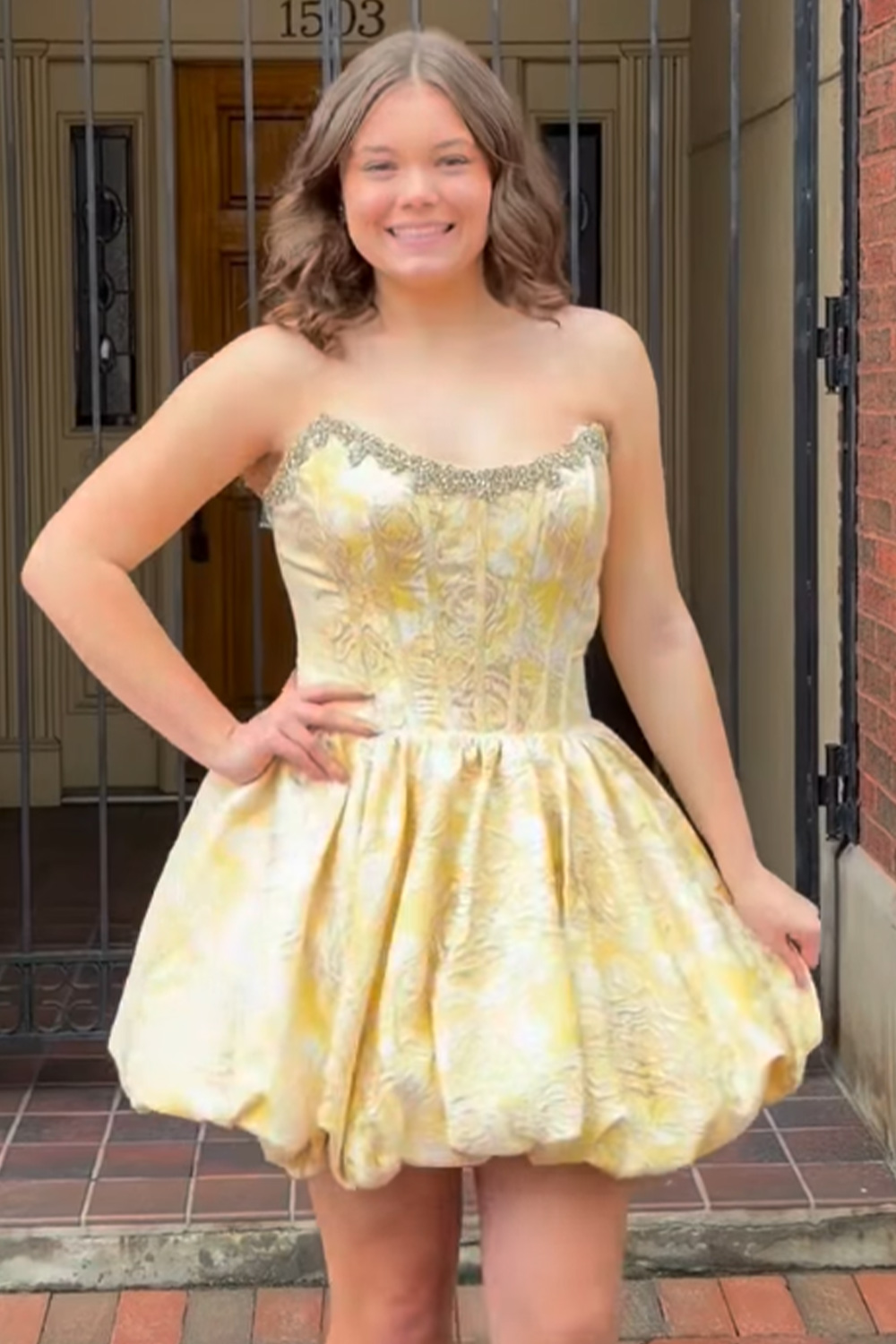 Yellow Sparkly Corset Beaded Floral Short Homecoming Dress