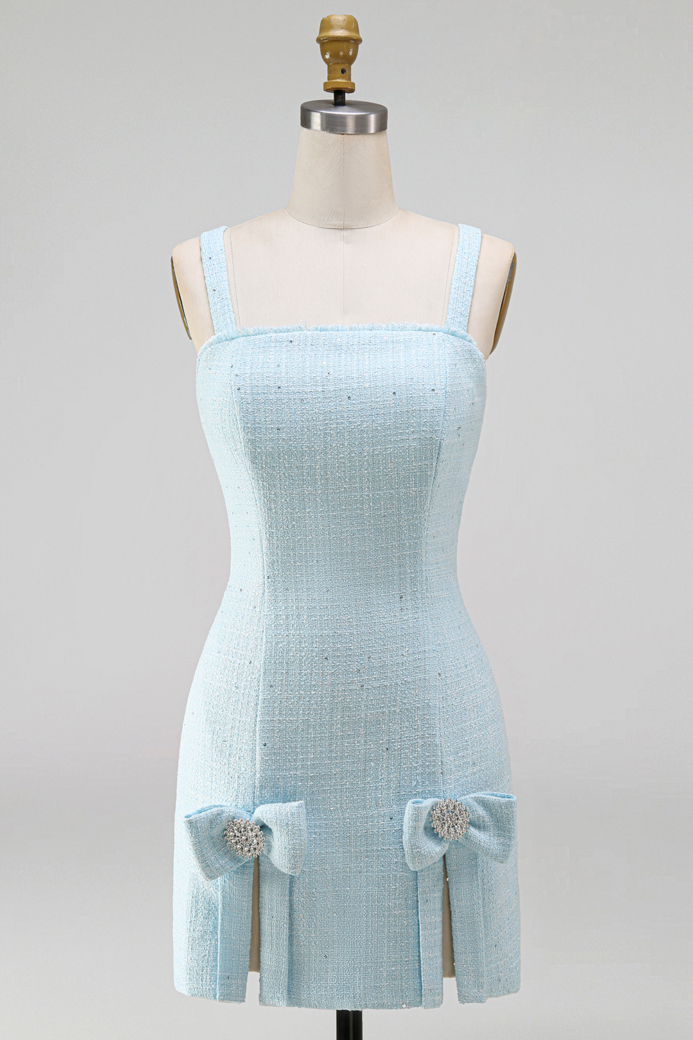 Light Blue Short Tweed Homecoming Dress with Slit