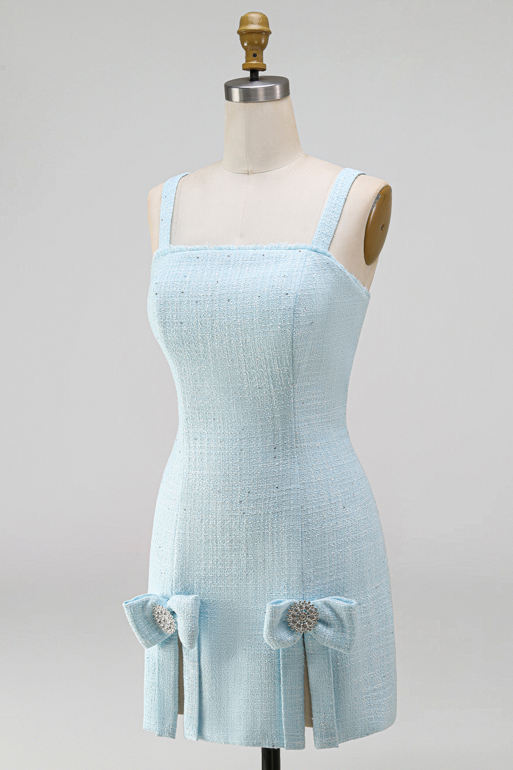 Light Blue Short Tweed Homecoming Dress with Slit