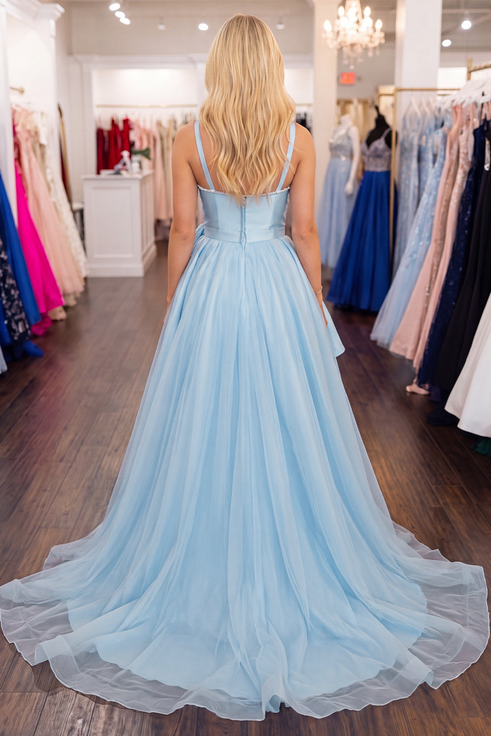 Light Blue High Low A Line Homecoming Dress with 3D Flower