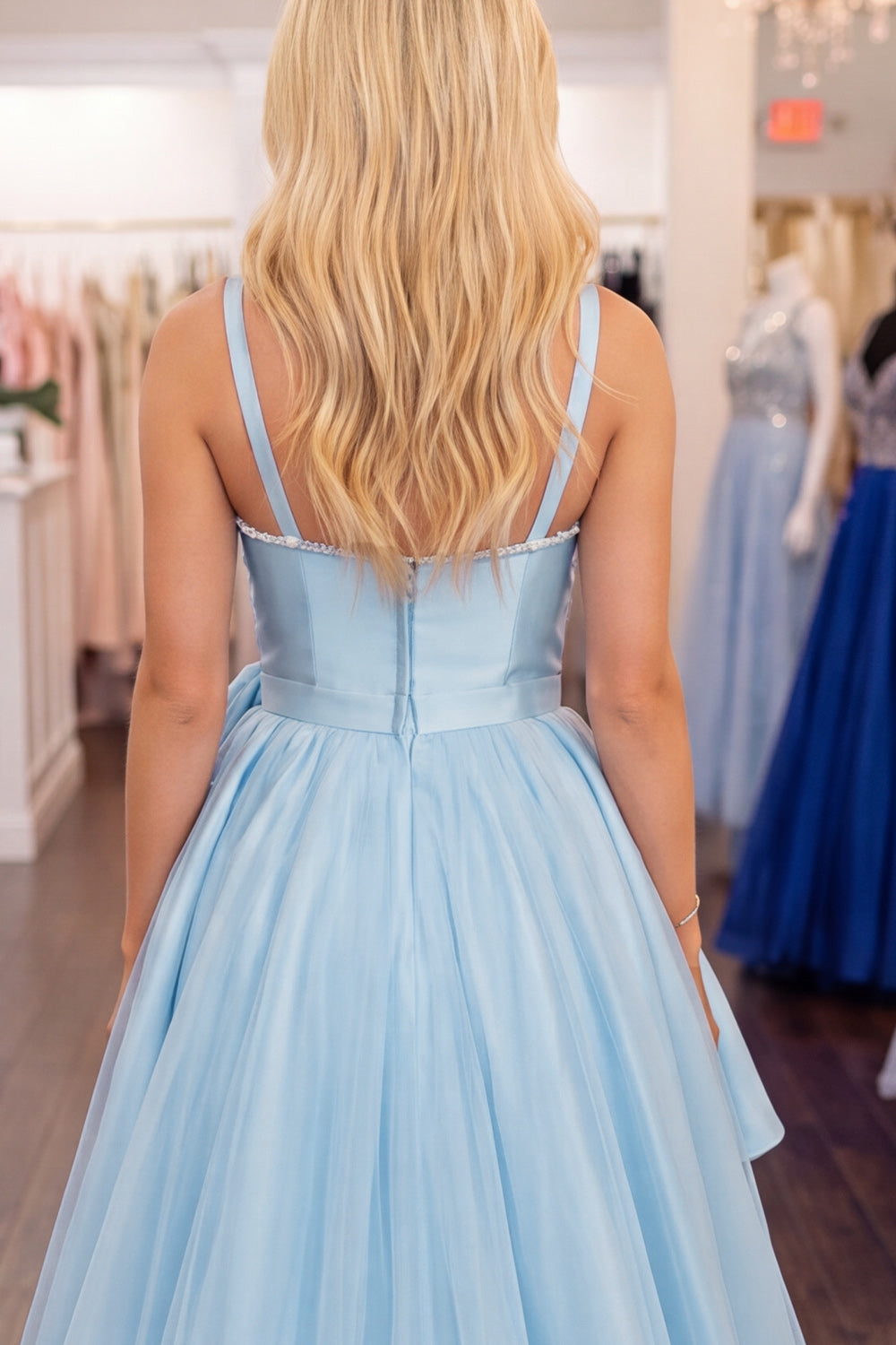 Light Blue High Low A Line Homecoming Dress with 3D Flower