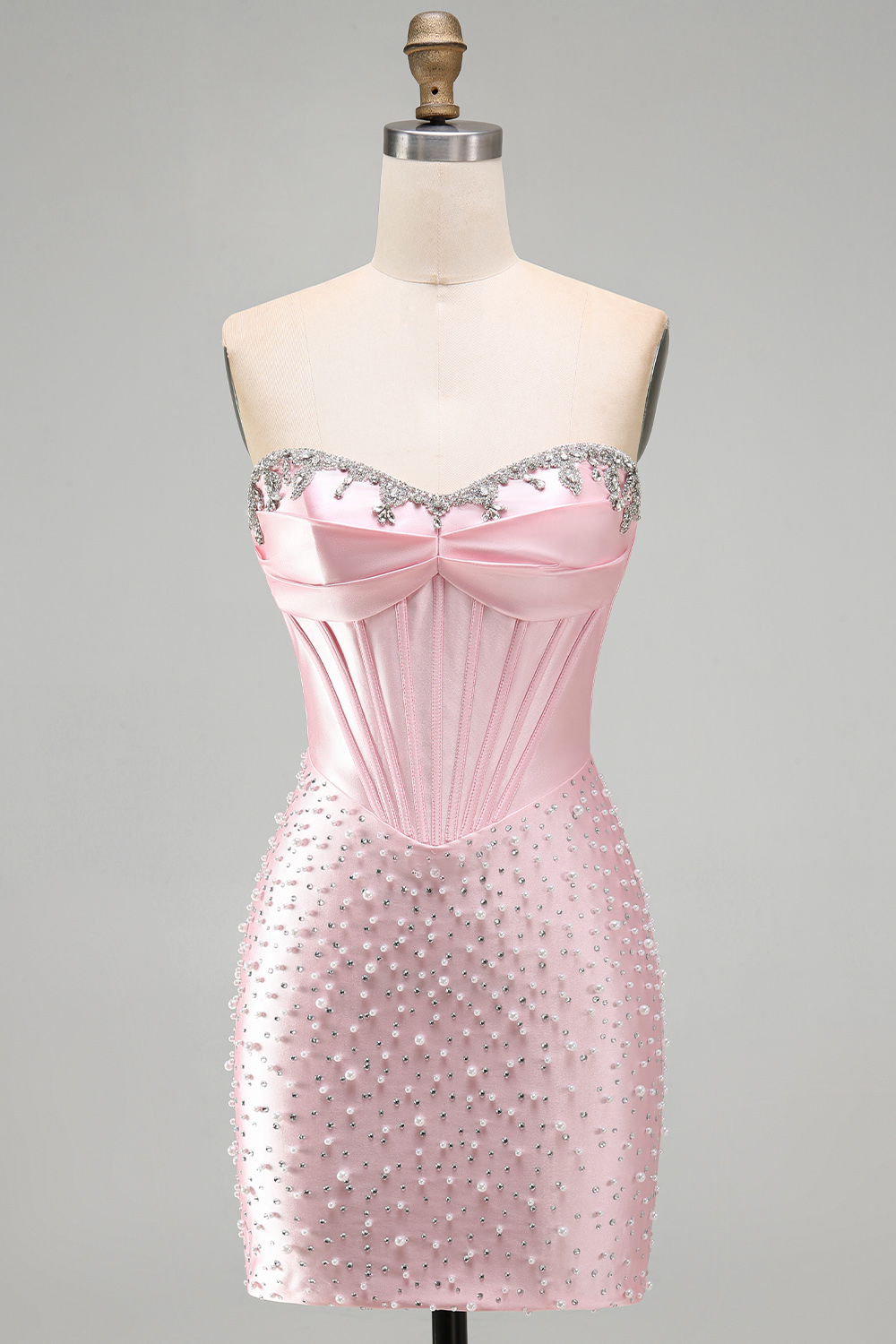 Sparkly Pink Beaded Tight Short Corset Homecoming Dress with Pearls