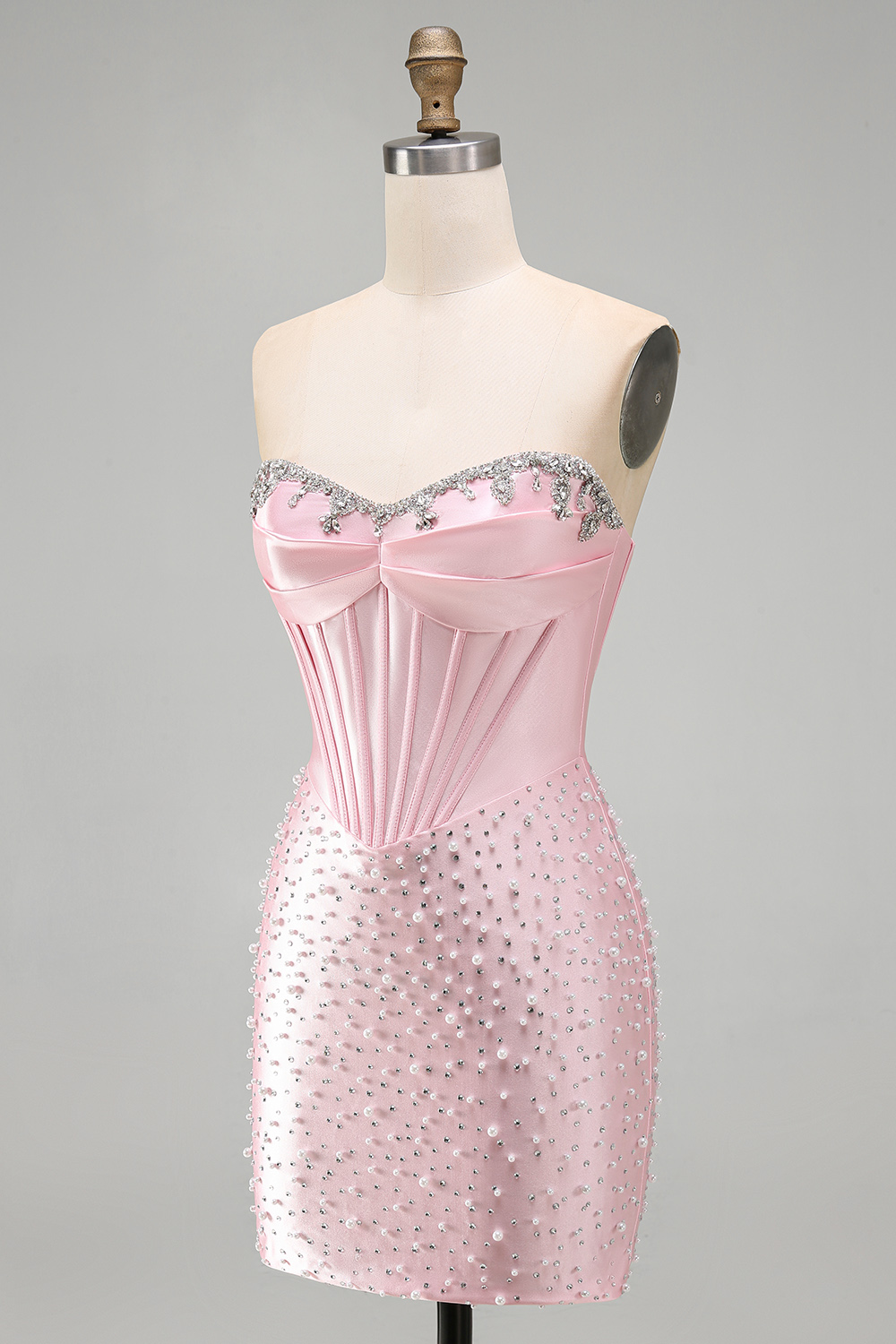 Sparkly Pink Beaded Tight Short Corset Homecoming Dress with Pearls
