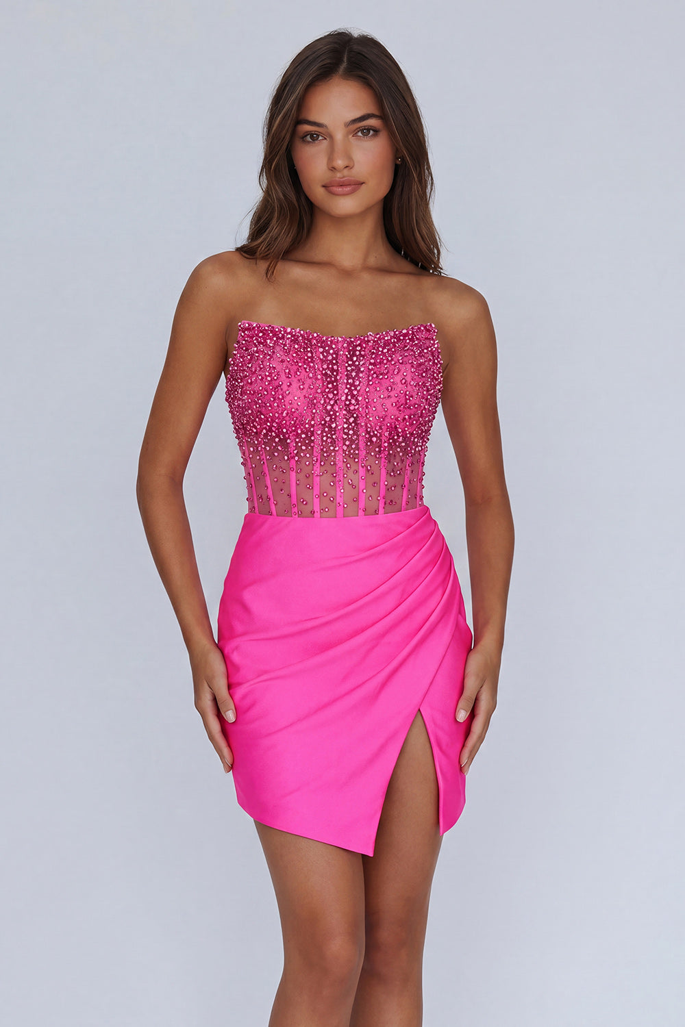 Sparkly Beaded Fuchsia Short Corset Tight Homecoming Dress with Slit