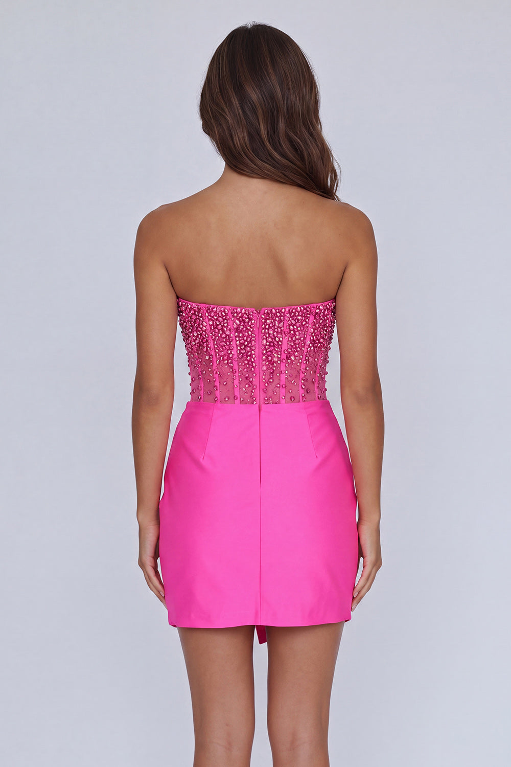 Sparkly Beaded Fuchsia Short Corset Tight Homecoming Dress with Slit