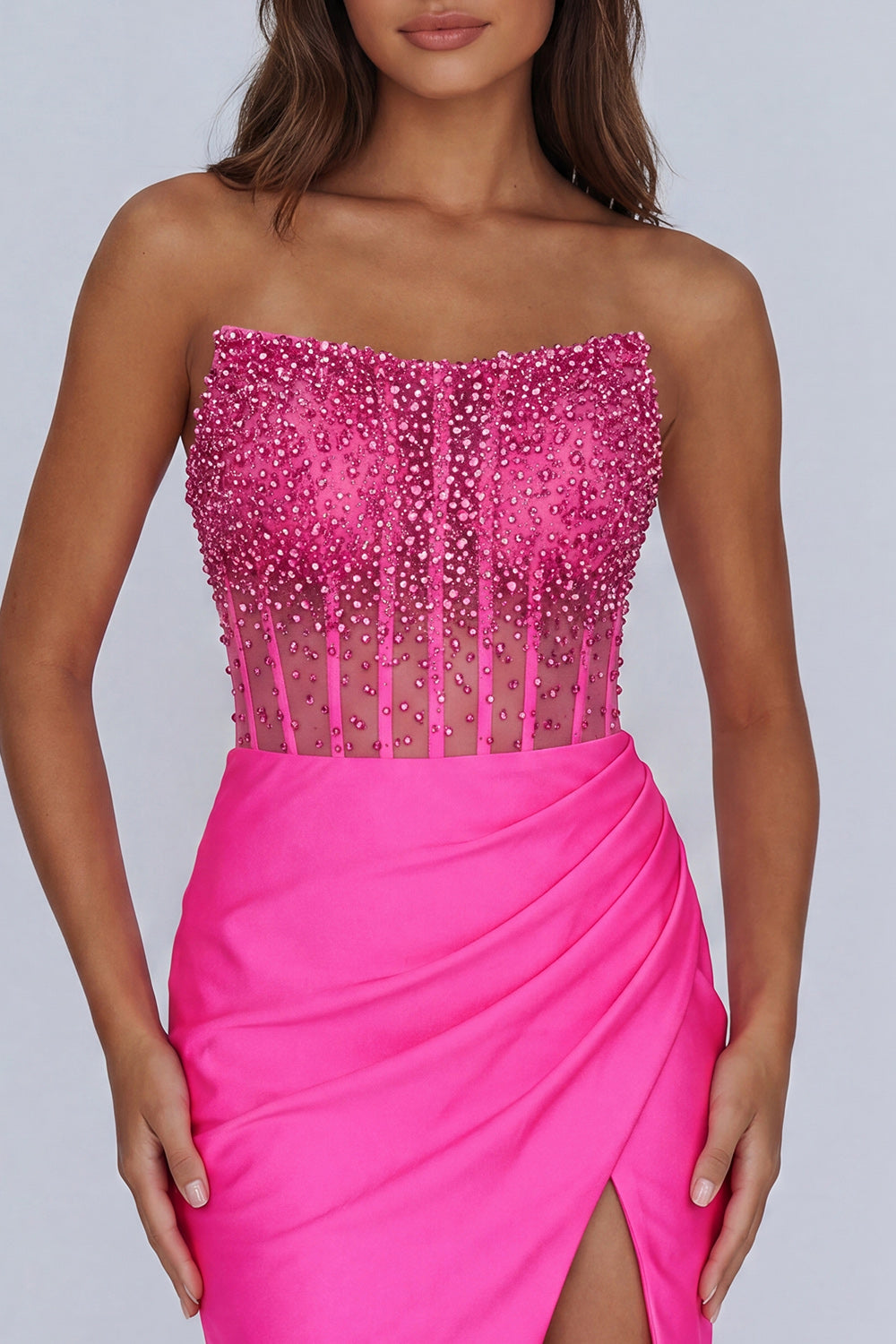 Sparkly Beaded Fuchsia Short Corset Tight Homecoming Dress with Slit