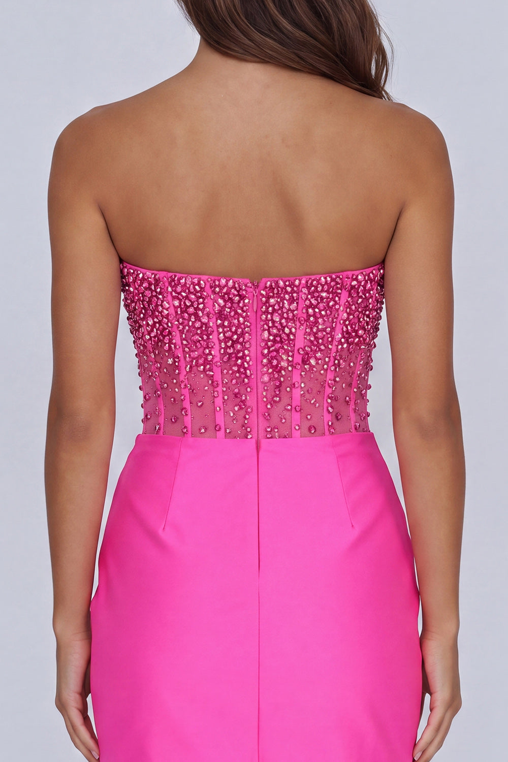 Sparkly Beaded Fuchsia Short Corset Tight Homecoming Dress with Slit