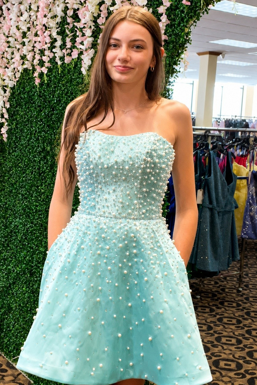 Sparkly White Beaded A Line Short Homecoming Dress with Pearls