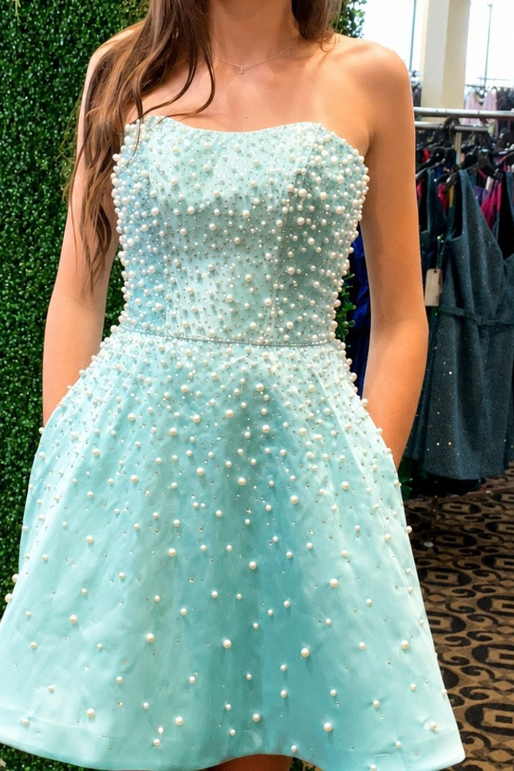 Sparkly White Beaded A Line Short Homecoming Dress with Pearls