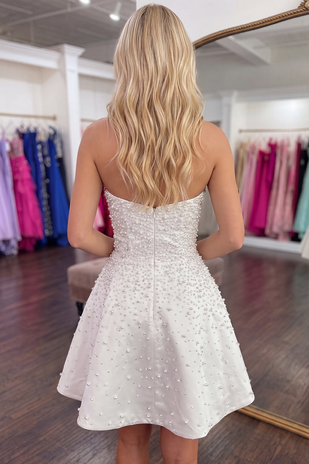 Sparkly White Beaded A Line Short Homecoming Dress with Pearls