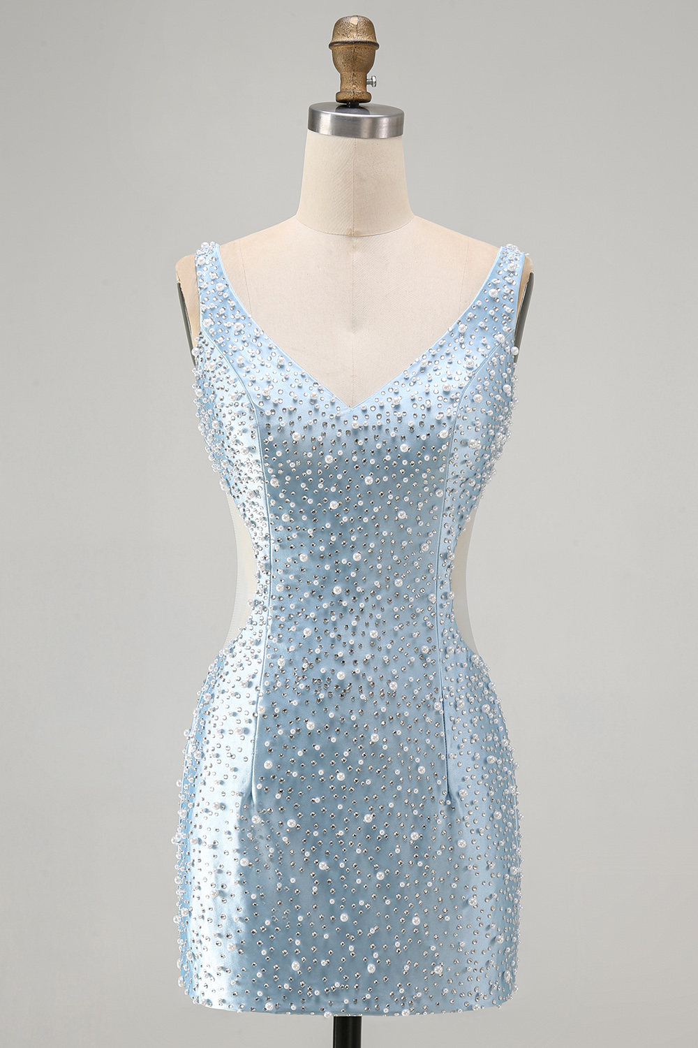 Sparkly Blue Tight V-Neck Short Homecoming Dress with Pearls