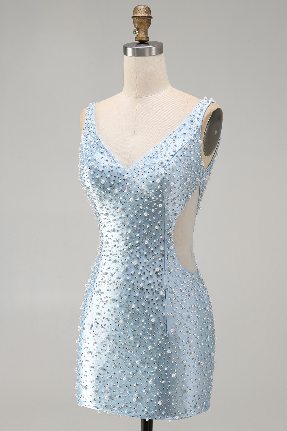 Sparkly Blue Tight V-Neck Short Homecoming Dress with Pearls