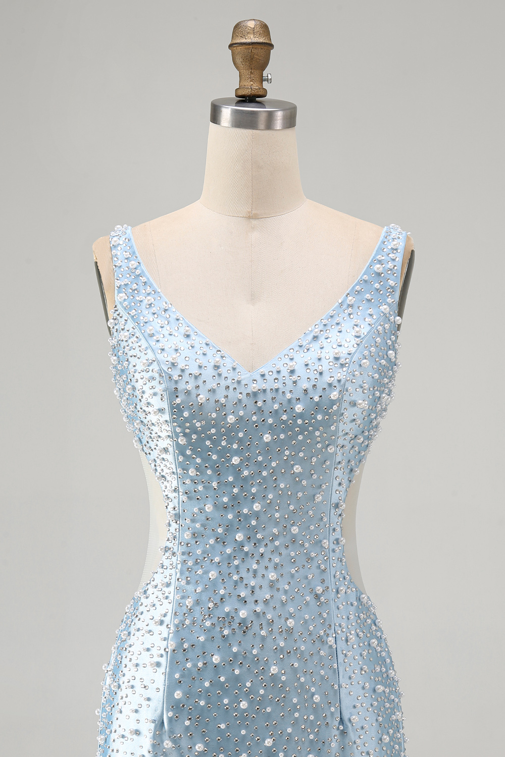 Sparkly Blue Tight V-Neck Short Homecoming Dress with Pearls