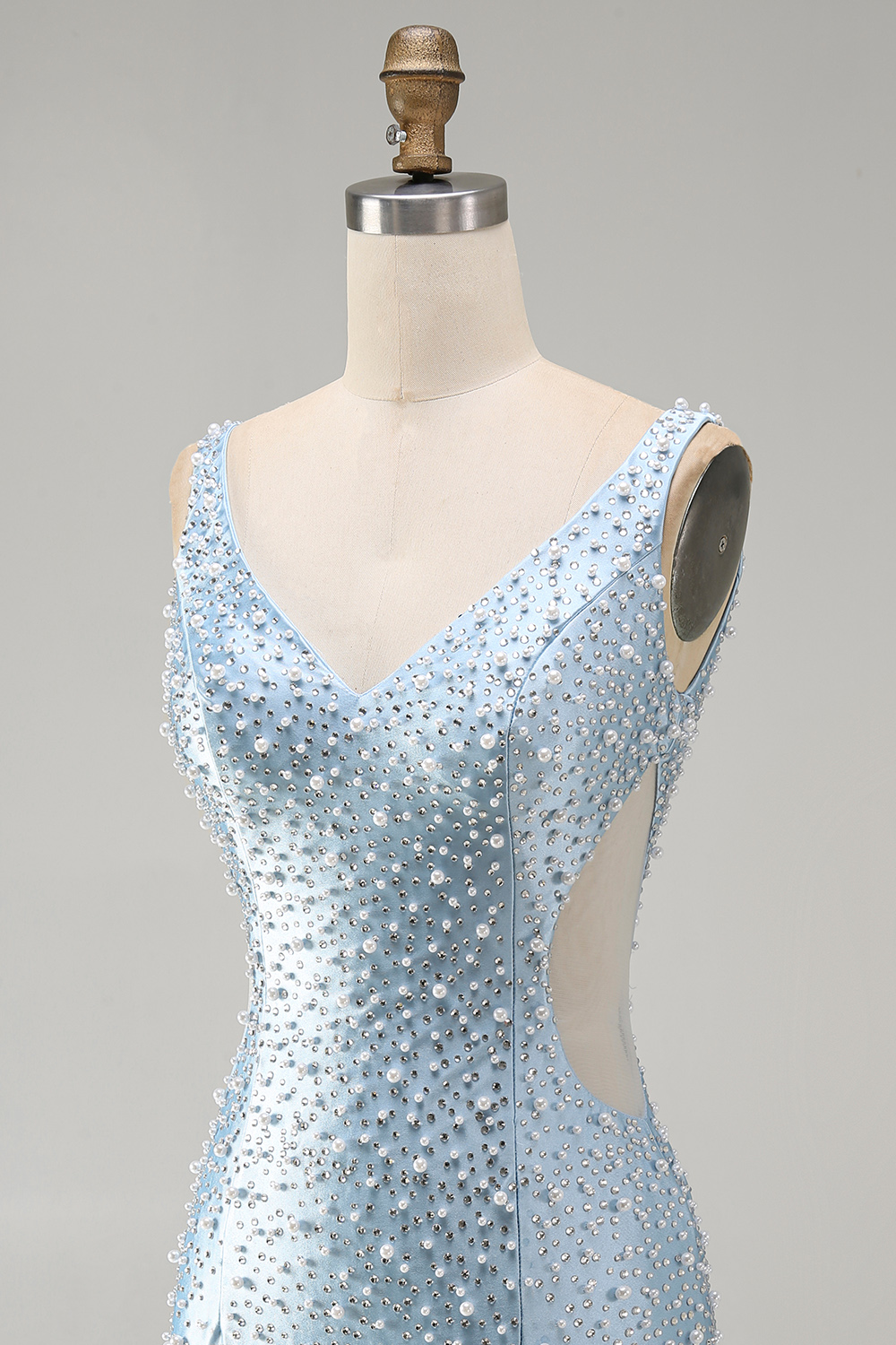 Sparkly Blue Tight V-Neck Short Homecoming Dress with Pearls