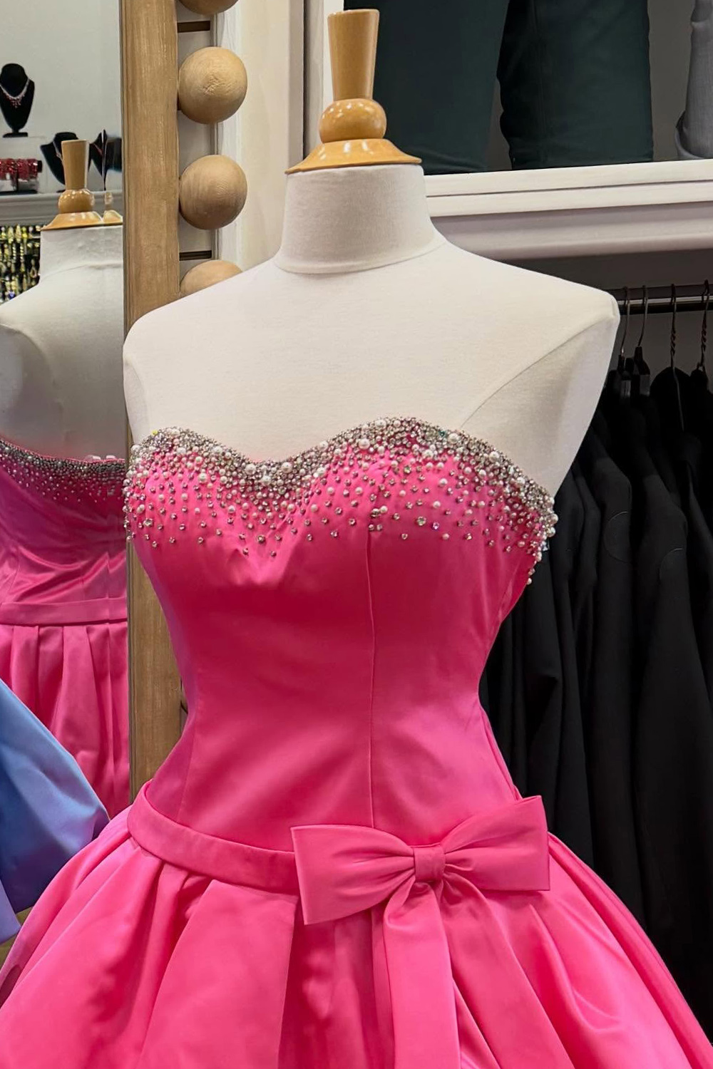 Sparkly Beaded Hot Pink Sweetheart Short Homecoming Dress with Bows
