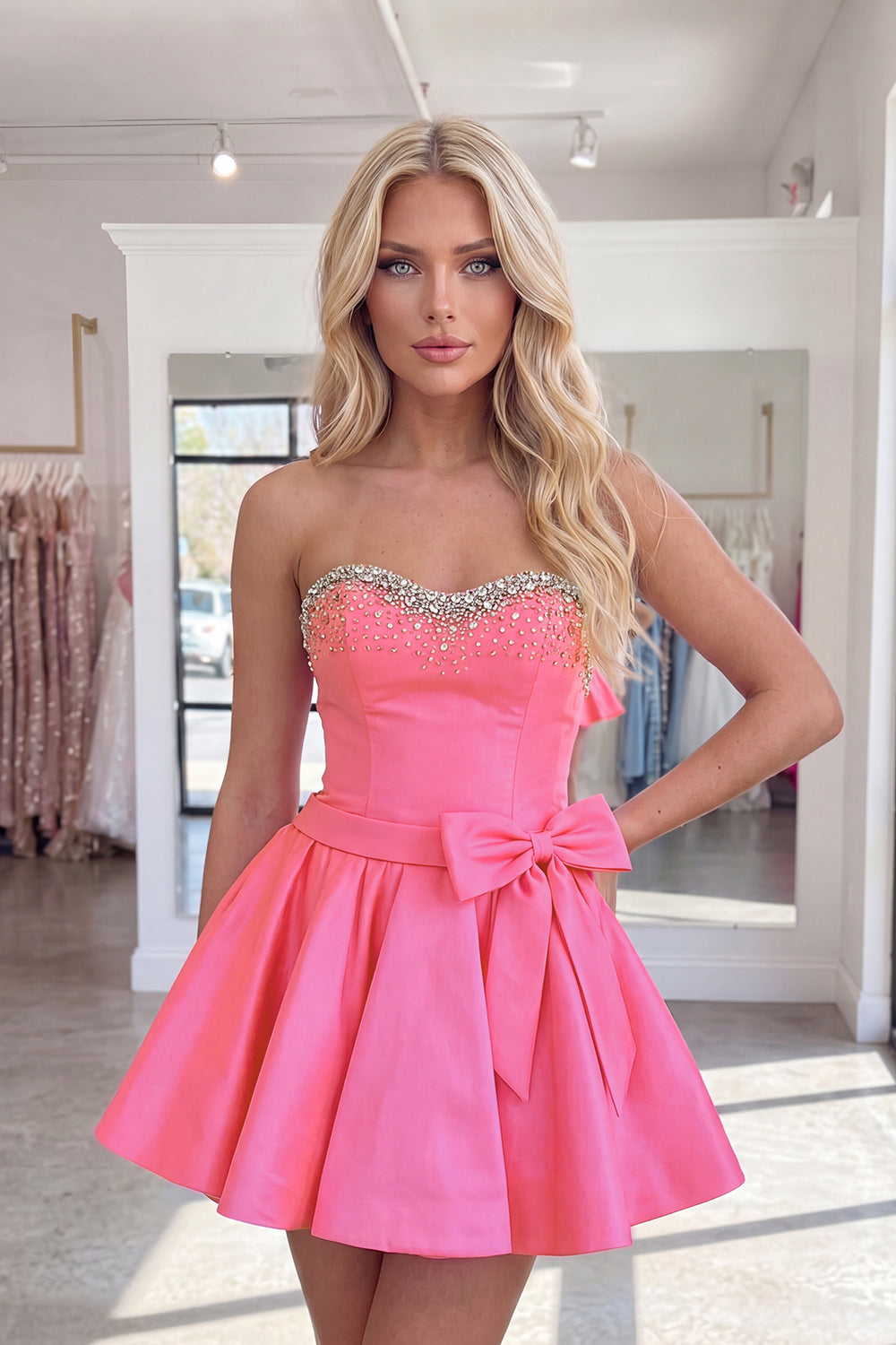 Sparkly Beaded Hot Pink Sweetheart Short Homecoming Dress with Bows
