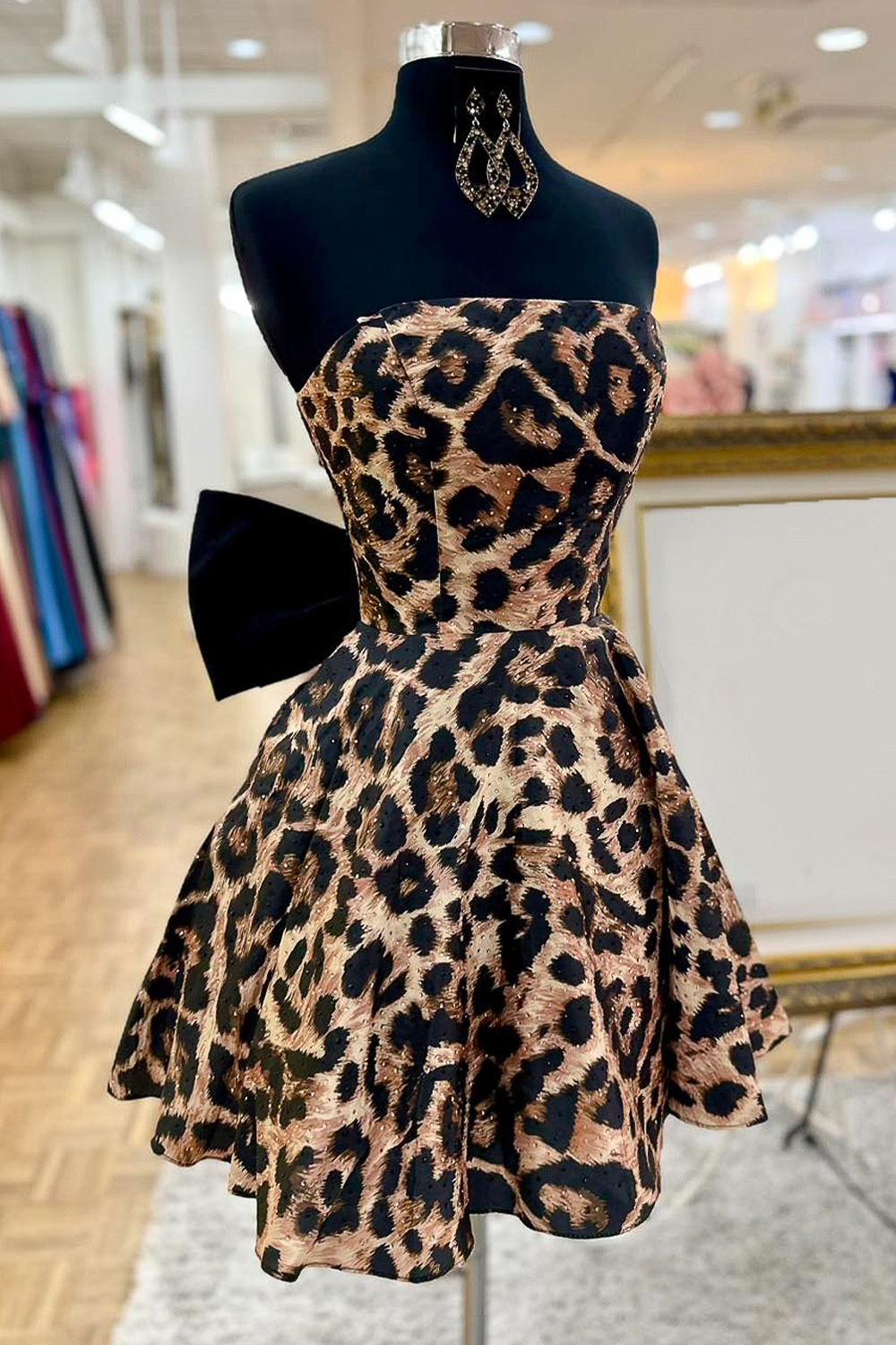Brown Leopard Print Ruched Strapless A Line Short Homecoming Dress with Bow